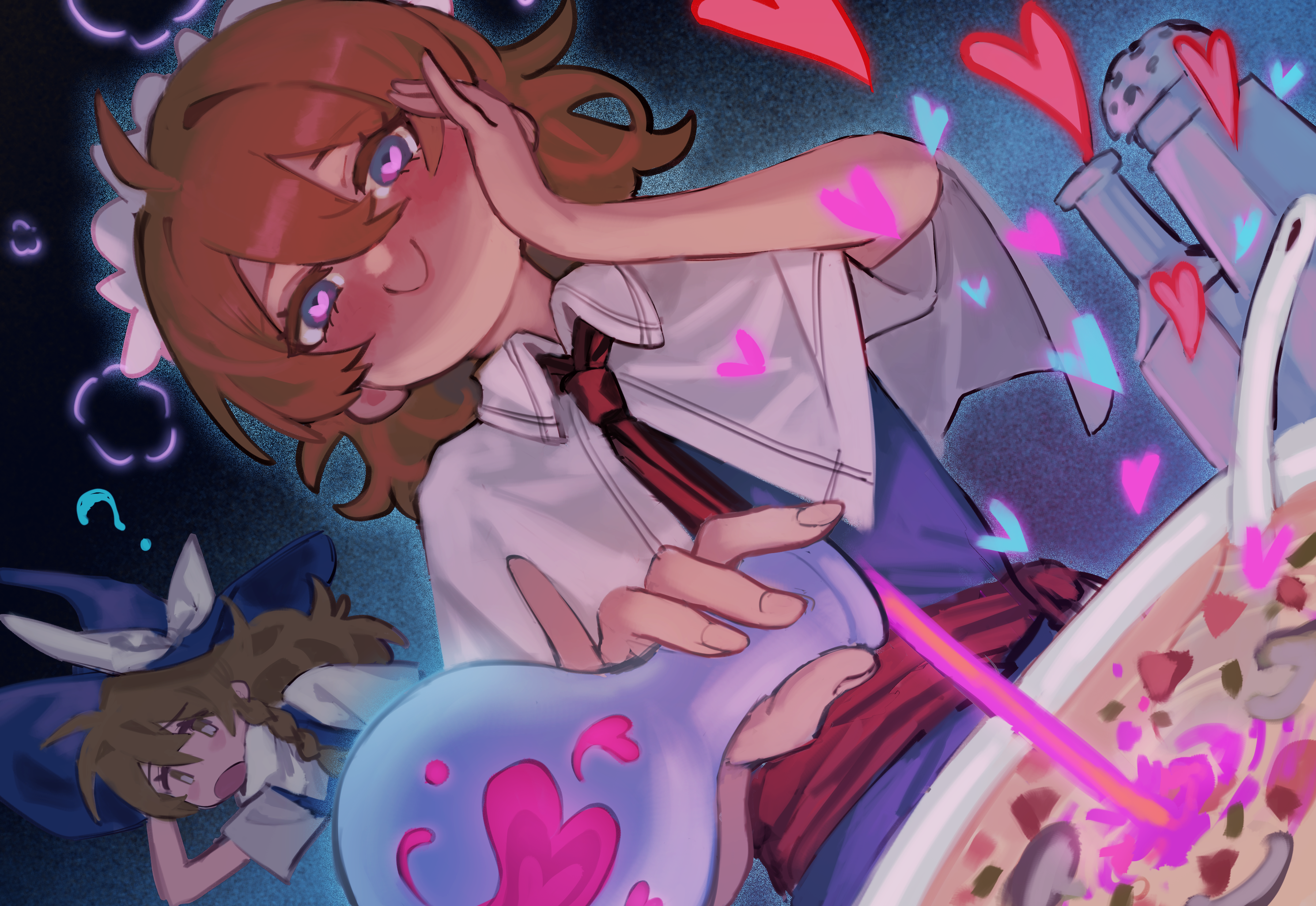 tuck (tuck23978434), alice margatroid, kirisame marisa, touhou, absurdres, highres, 2girls, ?, black vest, blonde hair, blue dress, braid, capelet, closed mouth, dress, dutch angle, food, hand on own cheek, hand on own face, hat, heart, heart-shaped pupils, long hair, love potion, loving aura, medium hair, multiple girls, necktie, open mouth, pouring, red necktie, shirt, short sleeves, smile, soup, symbol-shaped pupils, upper body, vest, white capelet, white shirt, witch hat