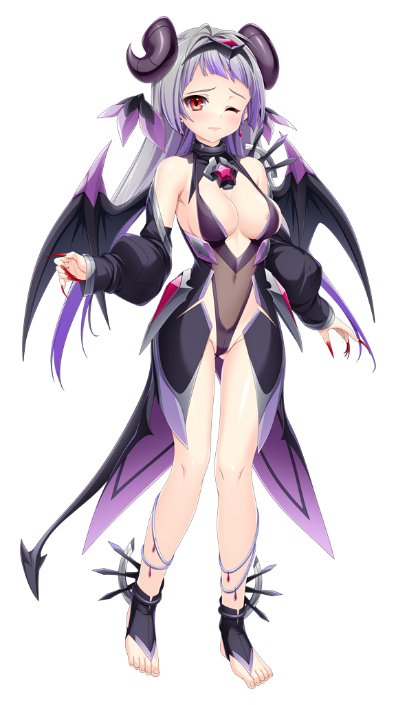 kamitsurugi ouka, kunijima chiaki, kouyoku senki exs-tia concert, game cg, non-web source, official art, variant set, 1girl, ;), barefoot, black horns, black leotard, black sleeves, black wings, breasts, chest jewel, cleavage, closed mouth, covered navel, dark exs-tia abyssus, demon girl, demon horns, demon tail, demon wings, detached sleeves, earrings, fingernails, floating hair, full body, gluteal fold, gradient hair, grey hair, hairband, head wings, highleg, highleg leotard, horns, jewelry, large breasts, leotard, long hair, long sleeves, looking at viewer, multicolored hair, nail polish, one eye closed, purple hair, red eyes, red nails, sharp fingernails, shiny skin, sideboob, smile, solo, standing, tachi-e, tail, toeless legwear, transparent background, two-tone hair, very long hair, wings