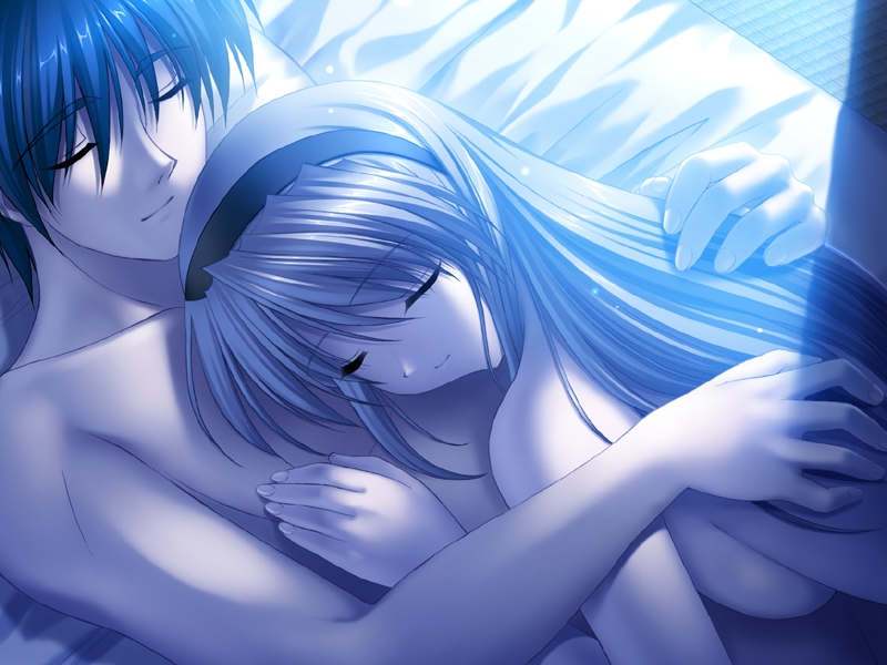 fumio (ura fmo), okazaki tomoya, sakagami tomoyo, clannad, tomoyo after, game cg, 00s, 1boy, 1girl, afterglow, aftersex, bed, breasts, closed eyes, completely nude, couple, cuddling, girl on top, hairband, happy sex, hetero, hug, long hair, lying, moonlight, nude, on back, on bed, sideboob, sleeping, smile