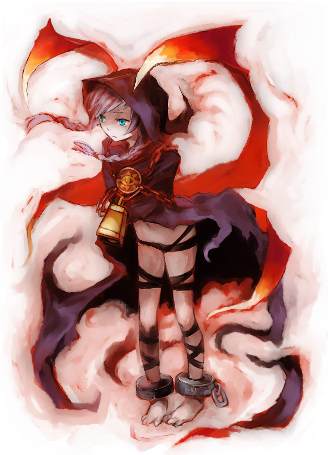 kno, kno (anahita), curse maker, curse maker 2, atlus, etrian odyssey, bad id, bad pixiv id, barefoot, bell, chain, hood, ribbon, solo, twintails