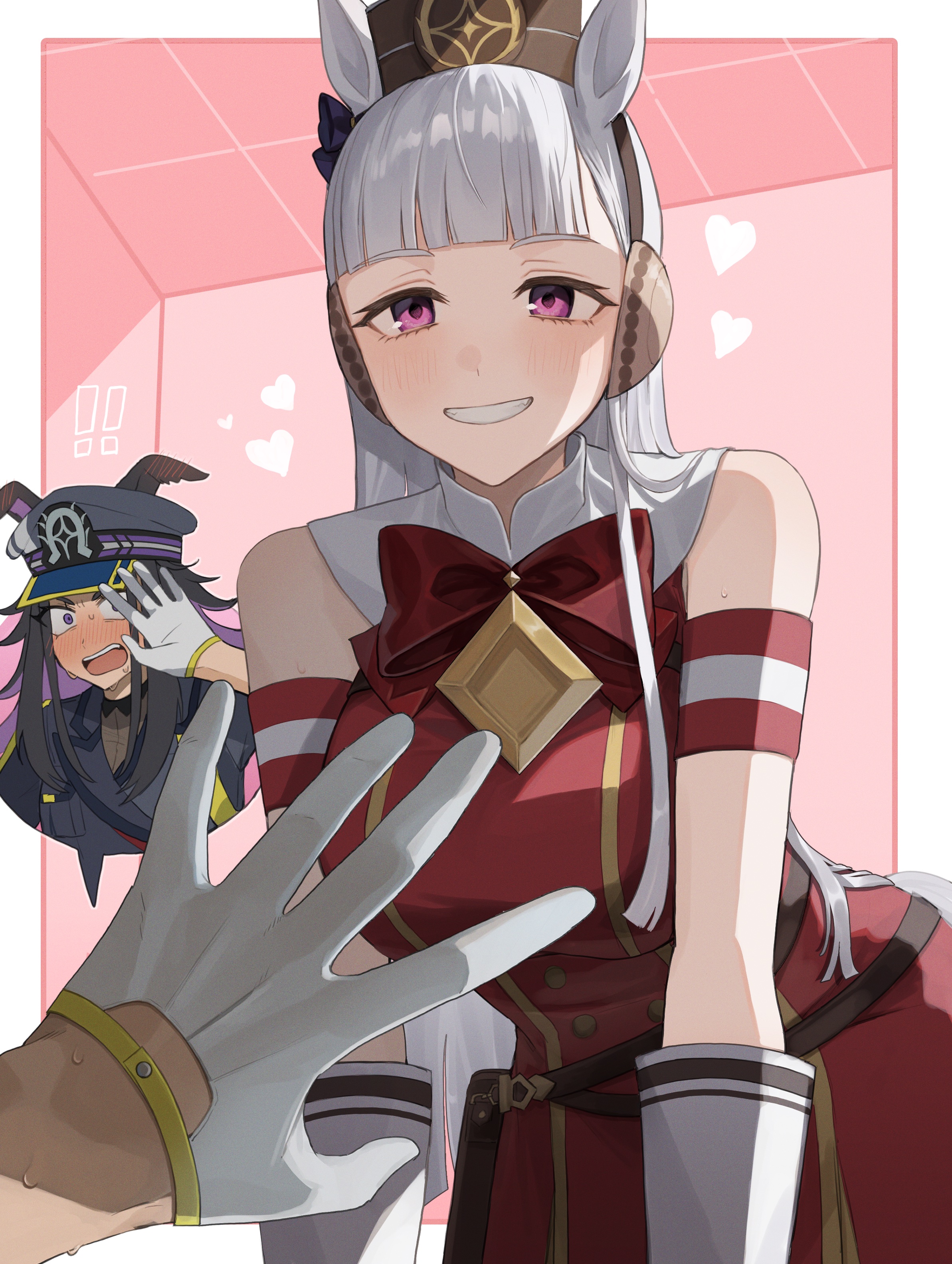 himo (user rzgz5877), fenomeno (umamusume), gold ship (umamusume), umamusume, absurdres, highres, !, !!, 2girls, animal ears, black hair, blush, clenched teeth, colored inner hair, dress, embarrassed, gloves, hat, heart, horse ears, horse girl, horse tail, indoors, looking at viewer, multicolored hair, multiple girls, open mouth, peaked cap, pov, pov hands, purple eyes, purple hair, red dress, smile, sweat, tail, teeth, white gloves, white hair