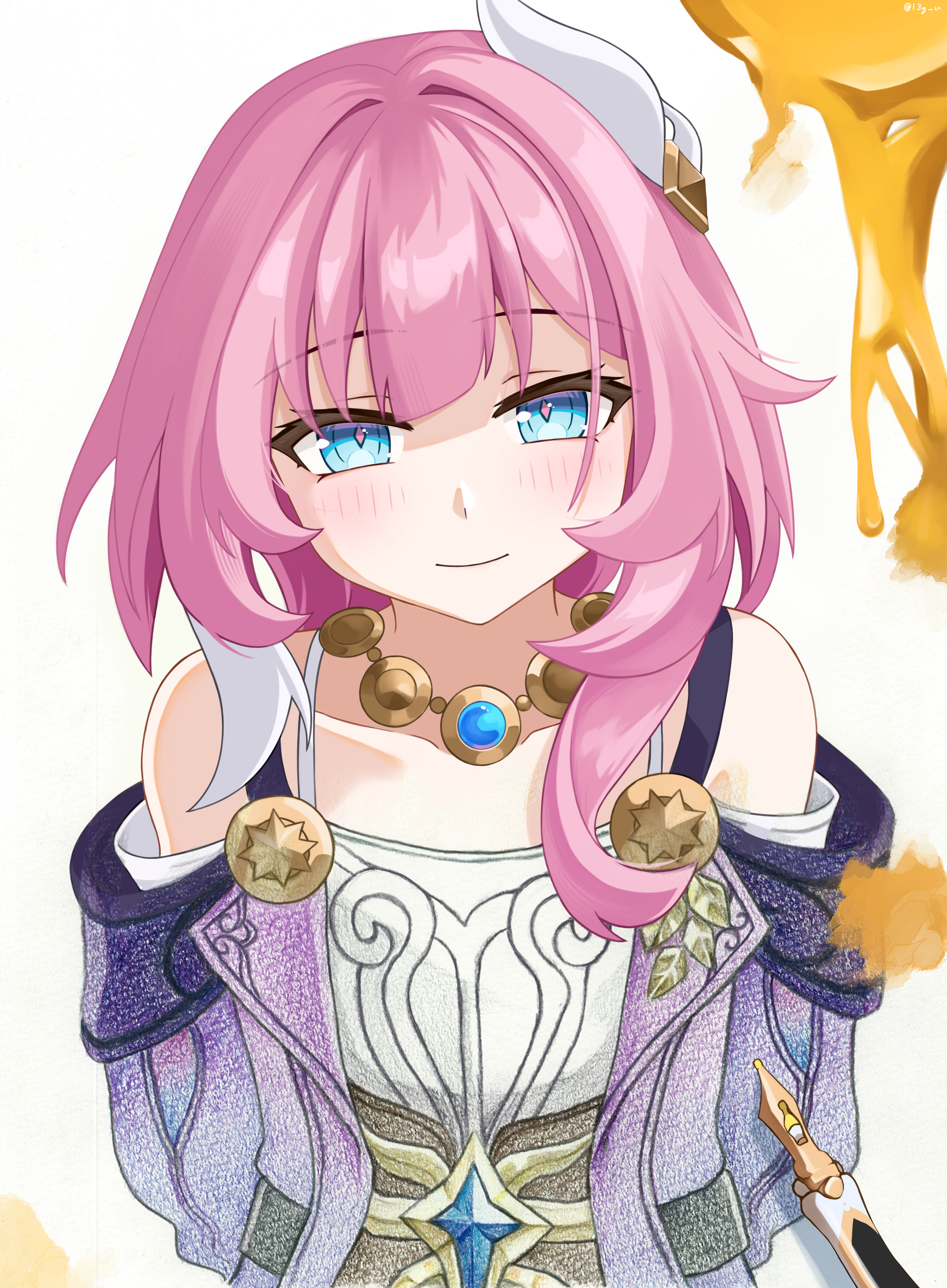 cyrene (honkai: star rail), honkai: star rail, honkai (series), absurdres, commentary request, highres, 1girl, bare shoulders, blue eyes, breasts, changpu, coat, cyrene (aedes elysiae) (honkai: star rail), dress, hair ornament, jewelry, liquid gold, looking at viewer, multicolored hair, necklace, pink hair, purple coat, short hair, simple background, small breasts, smile, solo, two-tone hair, white background, white dress, white hair