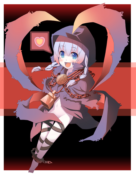 masuneko, curse maker, curse maker 2, atlus, etrian odyssey, bad id, bad pixiv id, 1girl, blue eyes, blush, braid, chain, fang, female focus, heart, hood, navel, no panties, open mouth, ribbon, smile, solo, twin braids