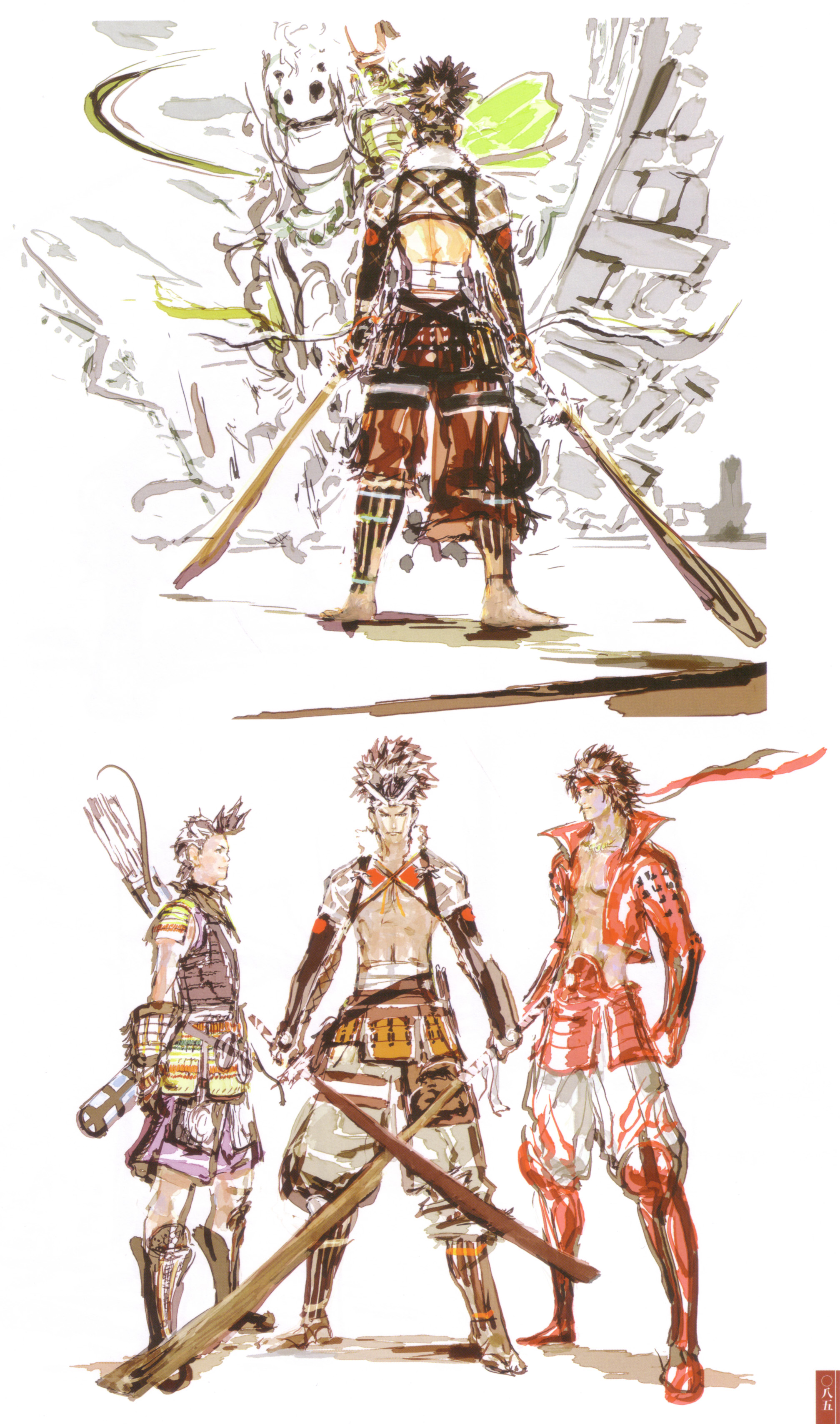tsuchibayashi makoto, miyamoto musashi, mori ranmaru, mori ranmaru (sengoku basara), sanada yukimura (sengoku basara), sengoku basara, absurdres, highres, 00s, 3boys, armor, headband, horse, male focus, multiple boys, oar
