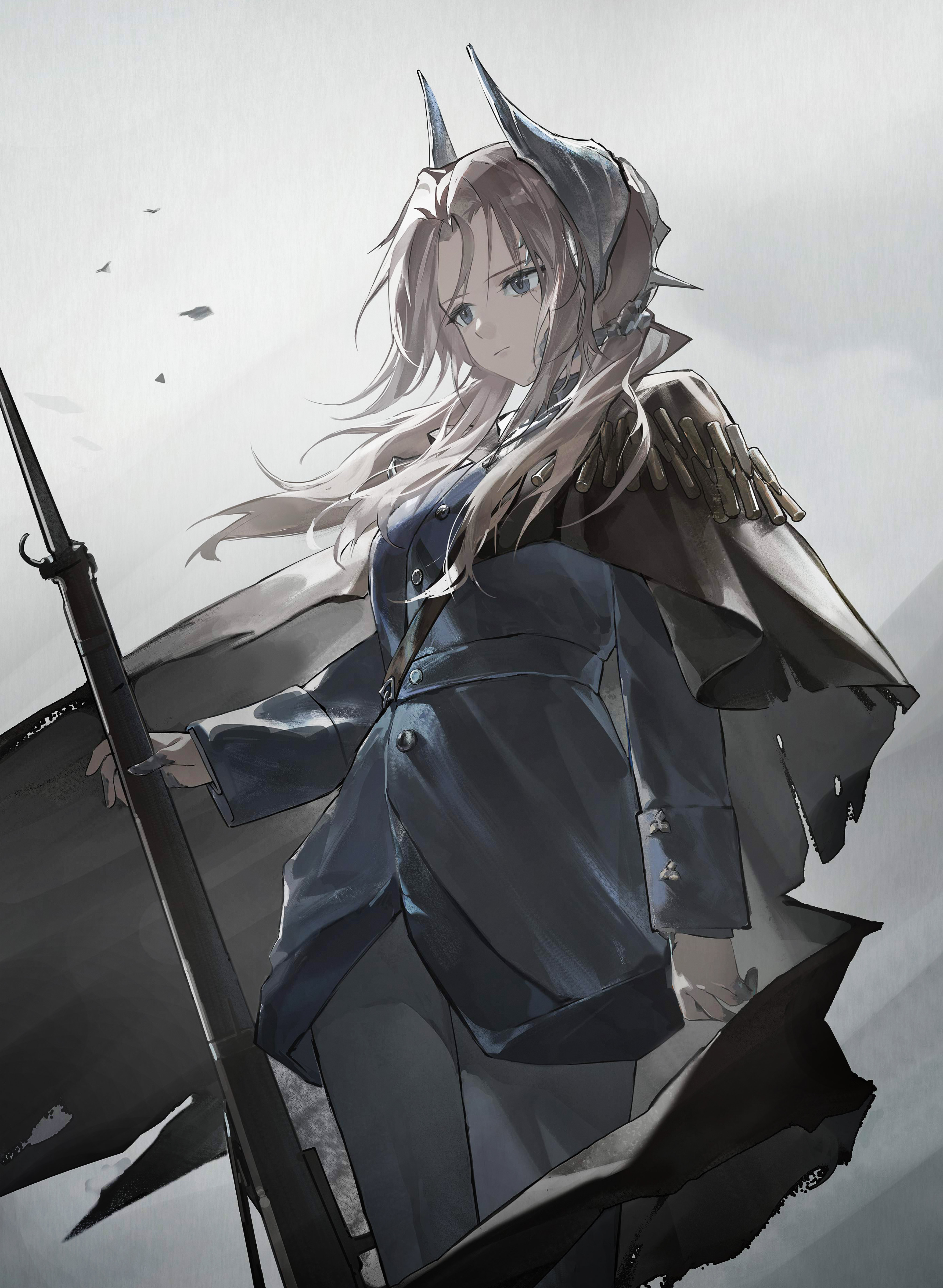 qiangjitong, reverse:1999, absurdres, highres, 1girl, black cape, blue jacket, cape, closed mouth, cowboy shot, floating hair, grey background, grey eyes, grey hair, grey pants, gun, hair ornament, holding, holding gun, holding weapon, jacket, long hair, military uniform, pants, rifle, rifle cartridge, sentinel (reverse:1999), solo, weapon