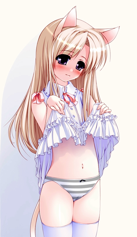 animal ears, blonde hair, blush, cat ears, cat tail, clothes lift, dress, dress lift, panties, purple eyes, striped clothes, striped panties, tail, thighhighs, underwear