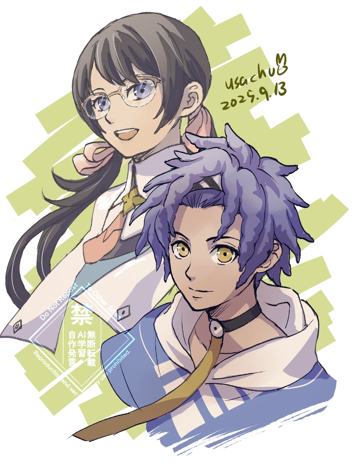 usachu now, fire emblem, fire emblem: fortune's weave, nintendo, character request, highres, 1boy, 1girl, black hair, blue hair, blue hoodie, cai (fire emblem), closed mouth, dark-skinned male, dark skin, dated, hair ribbon, hood, hood down, hoodie, looking at viewer, open mouth, ribbon, short twintails, twintails, yellow eyes