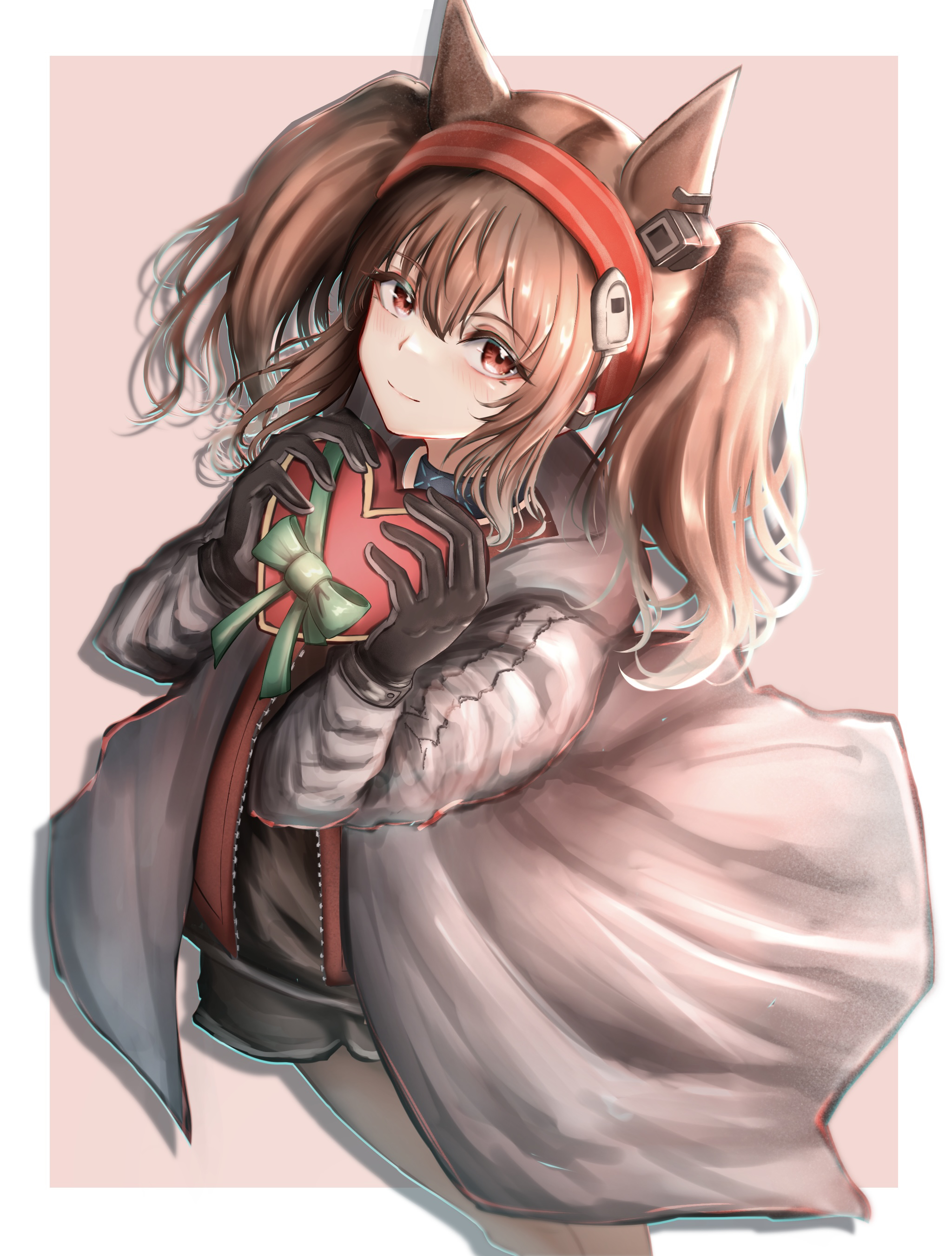 poni (poni arknights), angelina (arknights), infection monitor (arknights), arknights, absurdres, commentary, highres, 1girl, animal ears, black collar, black gloves, black shirt, black shorts, blush, border, bow, box, brown hair, coat, collar, dot nose, earpiece, fox ears, fox girl, gloves, green bow, hair between eyes, hairband, heart-shaped box, holding, holding box, jacket, long hair, long sleeves, looking at viewer, open clothes, open coat, open jacket, outside border, pink background, red eyes, red hairband, red jacket, shirt, short shorts, shorts, simple background, smile, solo, striped clothes, striped hairband, twintails, two-tone hairband, unzipped, valentine, white border, white coat