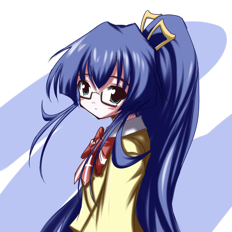 fictional sister, yuuki nona, nanatsuiro drops, 00s, 1girl, blue hair, blush, bow, female focus, glasses, green eyes, hair ribbon, long hair, ribbon, school uniform, serafuku, solo, very long hair
