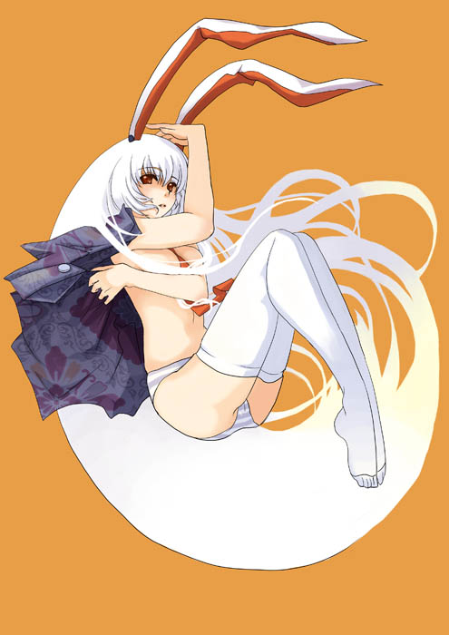 aprilred, reisen udongein inaba, touhou, 1girl, animal ears, female focus, full body, long hair, panties, rabbit ears, solo, topless female, underwear