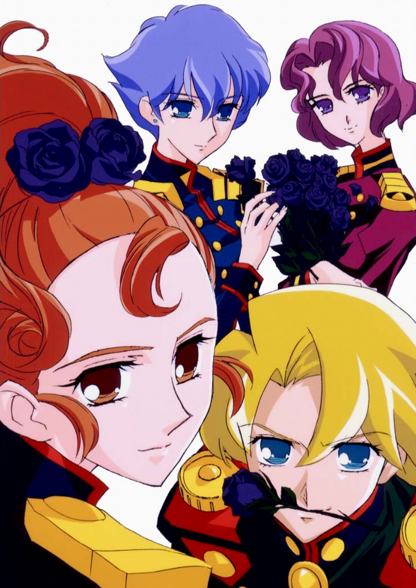 kaoru kozue, shinohara wakaba, takatsuki shiori, tsuwabuki mitsuru, shoujo kakumei utena, highres, official art, scan, 1990s (style), 1boy, 3girls, black flower, black rose, blue flower, blue rose, flipped hair, flower, flower in mouth, mouth hold, multiple girls, retro artstyle, rose, white background
