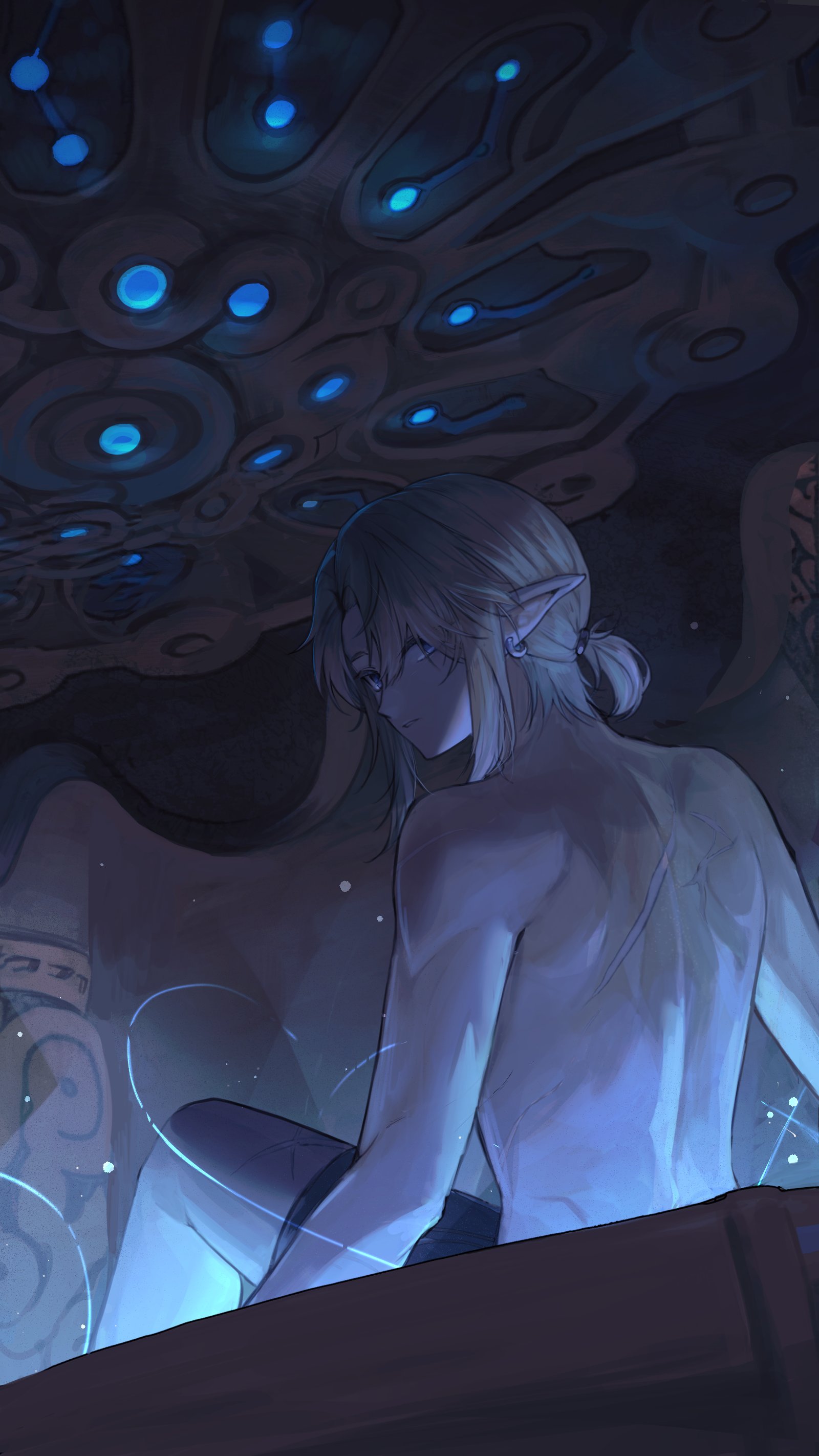 link, nintendo, the legend of zelda, the legend of zelda: breath of the wild, absurdres, highres, 1boy, black shorts, blonde hair, blue eyes, earrings, hair between eyes, hair tie, jaezelda, jewelry, looking at viewer, looking back, low ponytail, male focus, medium hair, parted bangs, parted lips, pointy ears, ponytail, scar, scar on back, short ponytail, shorts, sidelocks, sitting, solo, topless male
