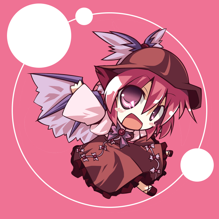 take tonbo, mystia lorelei, touhou, 1girl, chibi, female focus, full body, hat, pink hair, ribbon, short hair, solo, wings