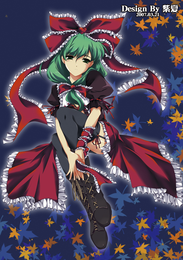 murasaki natsu, zixia (msl), kagiyama hina, touhou, 1girl, dress, female focus, front ponytail, green hair, legs, long hair, ribbon, solo