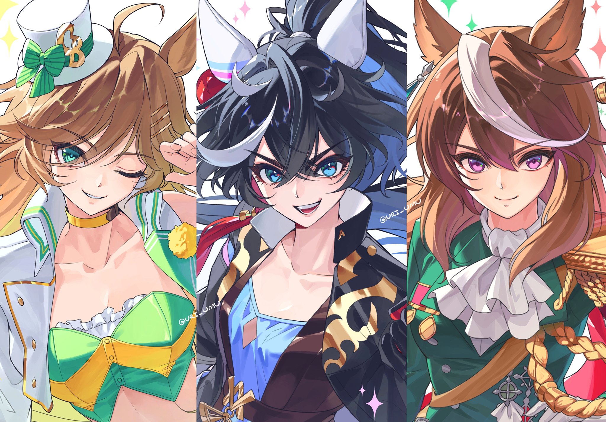 katsuragi ace (umamusume), mr. c.b. (umamusume), symboli rudolf (umamusume), umamusume, highres, animal ears, black hair, bow, brown hair, button gap, choker, ear covers, ear ornament, earrings, green shirt, hair between eyes, hair ornament, hairclip, hat, horse ears, horse girl, jewelry, long hair, long sleeves, medal, mini hat, mini top hat, multicolored hair, multiple girls, purple eyes, shirt, single earring, smile, strapless, strapless shirt, streaked hair, top hat, uri umu, white hair, yellow choker