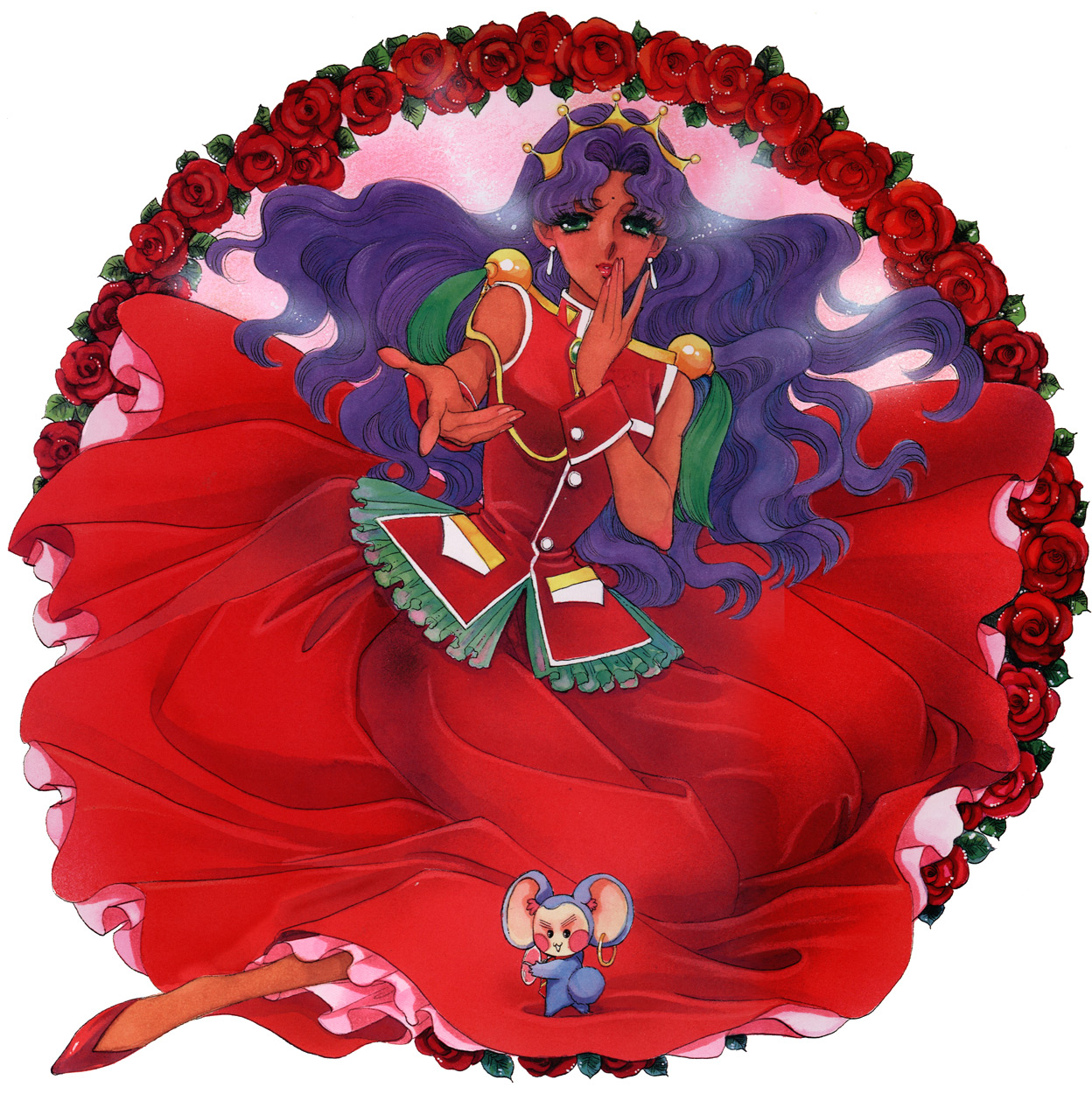 saitou chiho, chu chu, chu chu (shoujo kakumei utena), himemiya anthy, shoujo kakumei utena, highres, official art, scan, 1990s (style), 1girl, aiguillette, flower, red flower, red rose, retro artstyle, rose