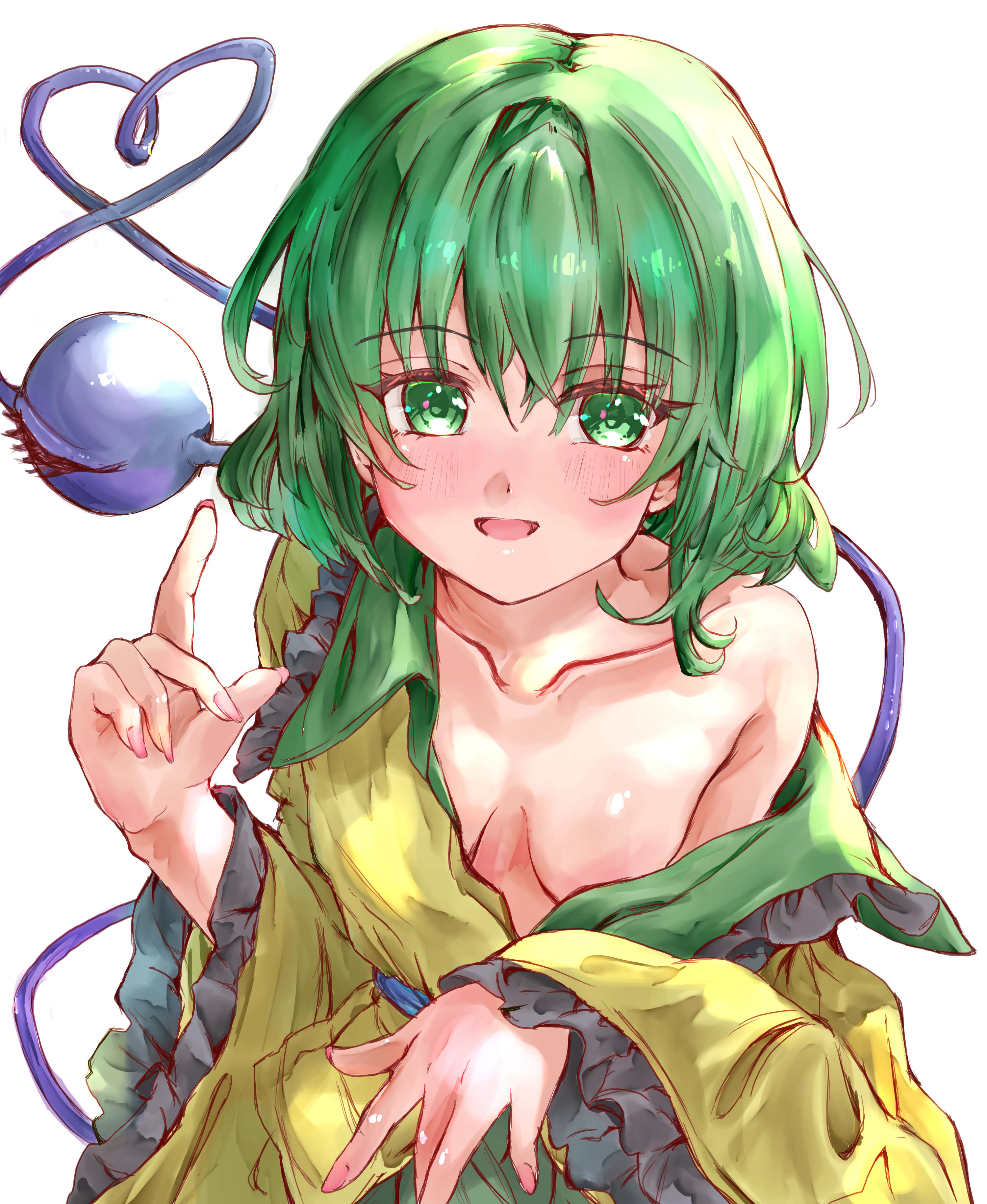 ikazuchi akira, komeiji koishi, touhou, absurdres, highres, 1girl, blush, breasts, collarbone, frills, green eyes, green hair, green skirt, hair between eyes, hand up, index finger raised, long sleeves, looking at viewer, loose clothes, loose shirt, medium breasts, medium hair, open mouth, shirt, single bare shoulder, skirt, smile, solo, third eye, upper body, white background, yellow shirt