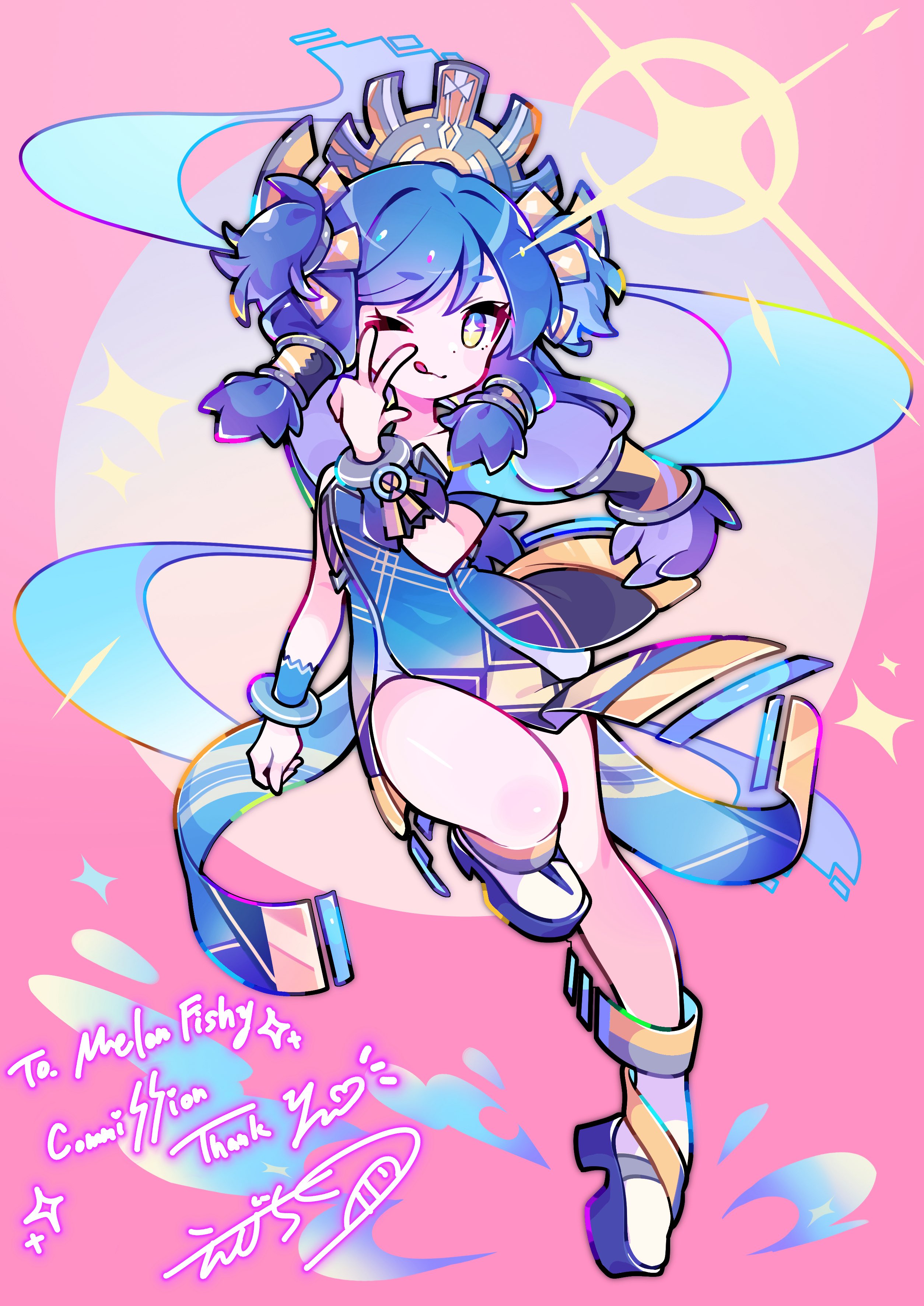 ebichiranai, original, absurdres, highres, 1girl, blue hair, full body, looking at viewer, nail polish, one eye closed, pink background, pointy ears, see-through clothes, smile, solo, sparkle, tongue, wings, yellow eyes