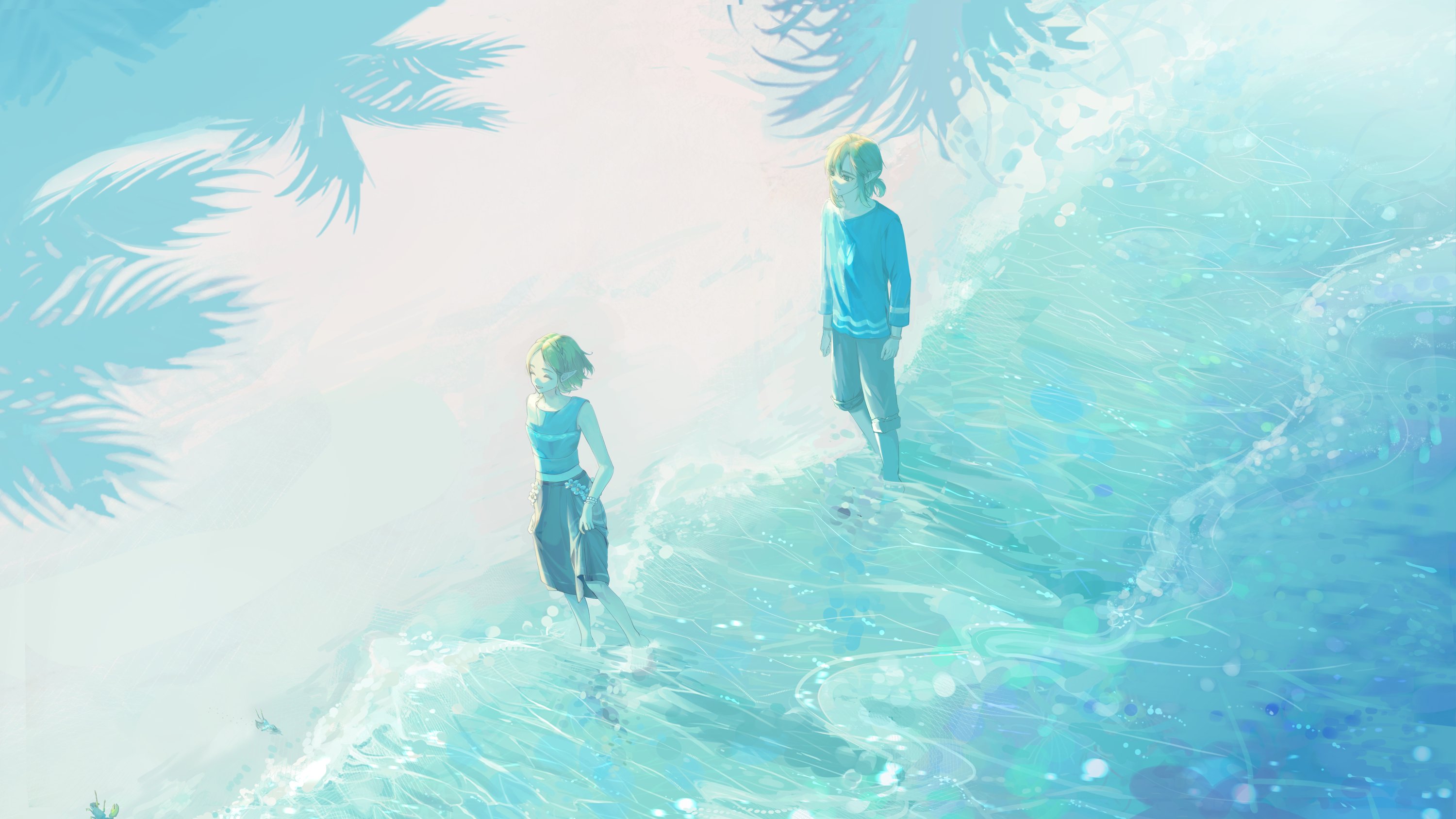 link, princess zelda, nintendo, the legend of zelda, the legend of zelda: tears of the kingdom, highres, 1boy, 1girl, aqua tunic, beach, black pantyhose, blonde hair, braid, breasts, closed eyes, crown braid, grey pants, jaezelda, looking at another, low ponytail, medium breasts, palm tree, pants, pants lift, pantyhose, parted bangs, pointy ears, ponytail, shirt, short hair, sleeveless, sleeveless shirt, smile, soaking feet, tree, tunic, waves