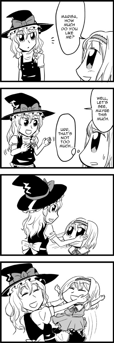 bkub, alice margatroid, kirisame marisa, touhou, hard-translated, highres, long image, tall image, third-party edit, translated, 2girls, 4koma, aged down, comic, female focus, greyscale, monochrome, multiple girls