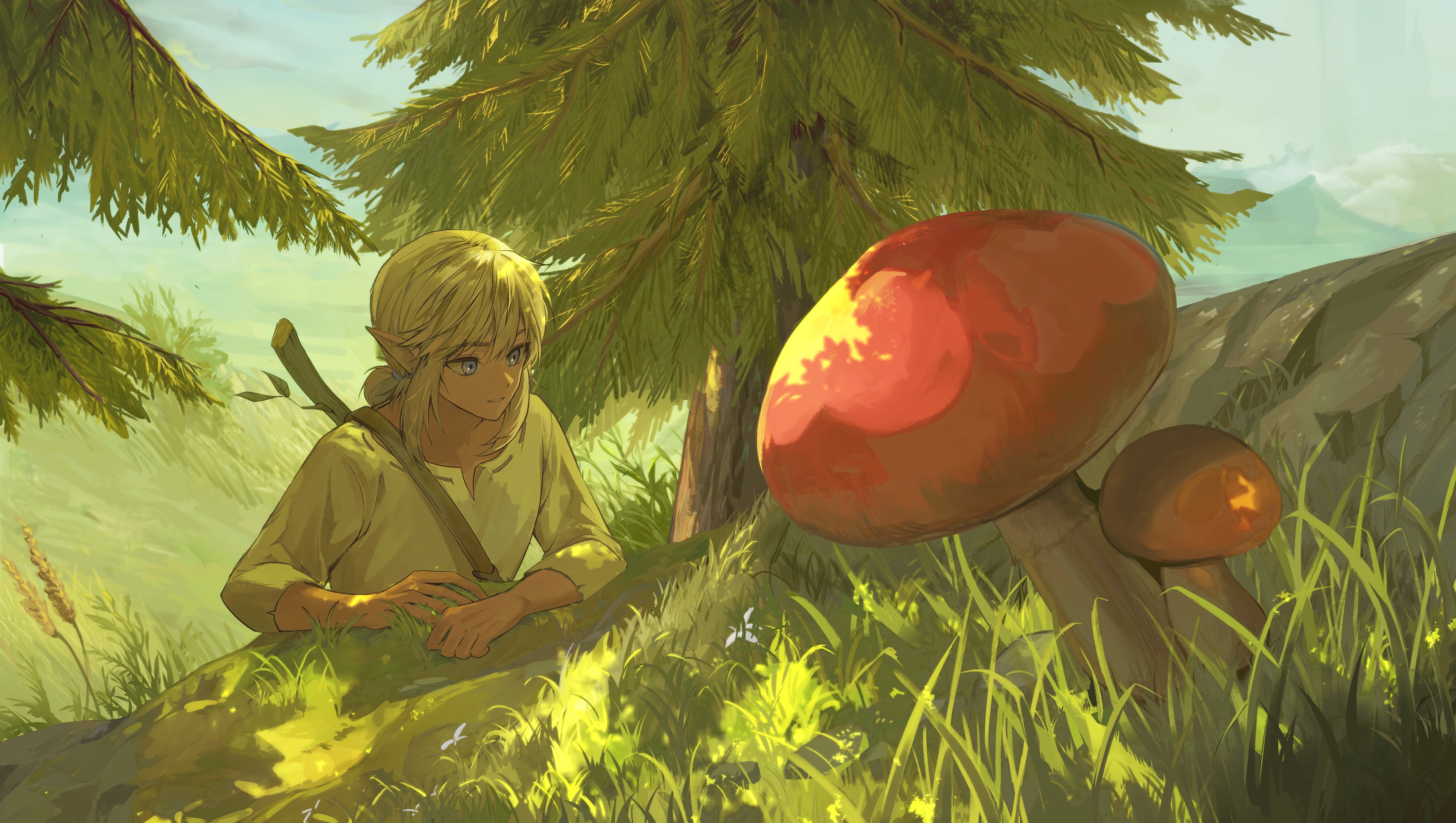 link, nintendo, the legend of zelda, the legend of zelda: breath of the wild, absurdres, highres, 1boy, blonde hair, blue eyes, grass, hair between eyes, jaezelda, low ponytail, male focus, medium hair, mushroom, nature, outdoors, parted lips, pine tree, pointy ears, ponytail, shirt, sidelocks, solo, tree, upper body, white shirt