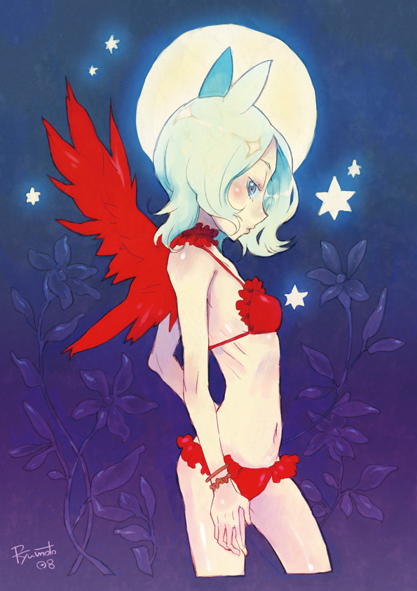 hamamoto ryuusuke, animal ears, bikini, blue background, blue eyes, blue hair, cowboy shot, from side, full moon, gradient background, moon, profile, purple background, red bikini, ribs, short hair, simple background, skinny, solo, star (symbol), swimsuit, wings