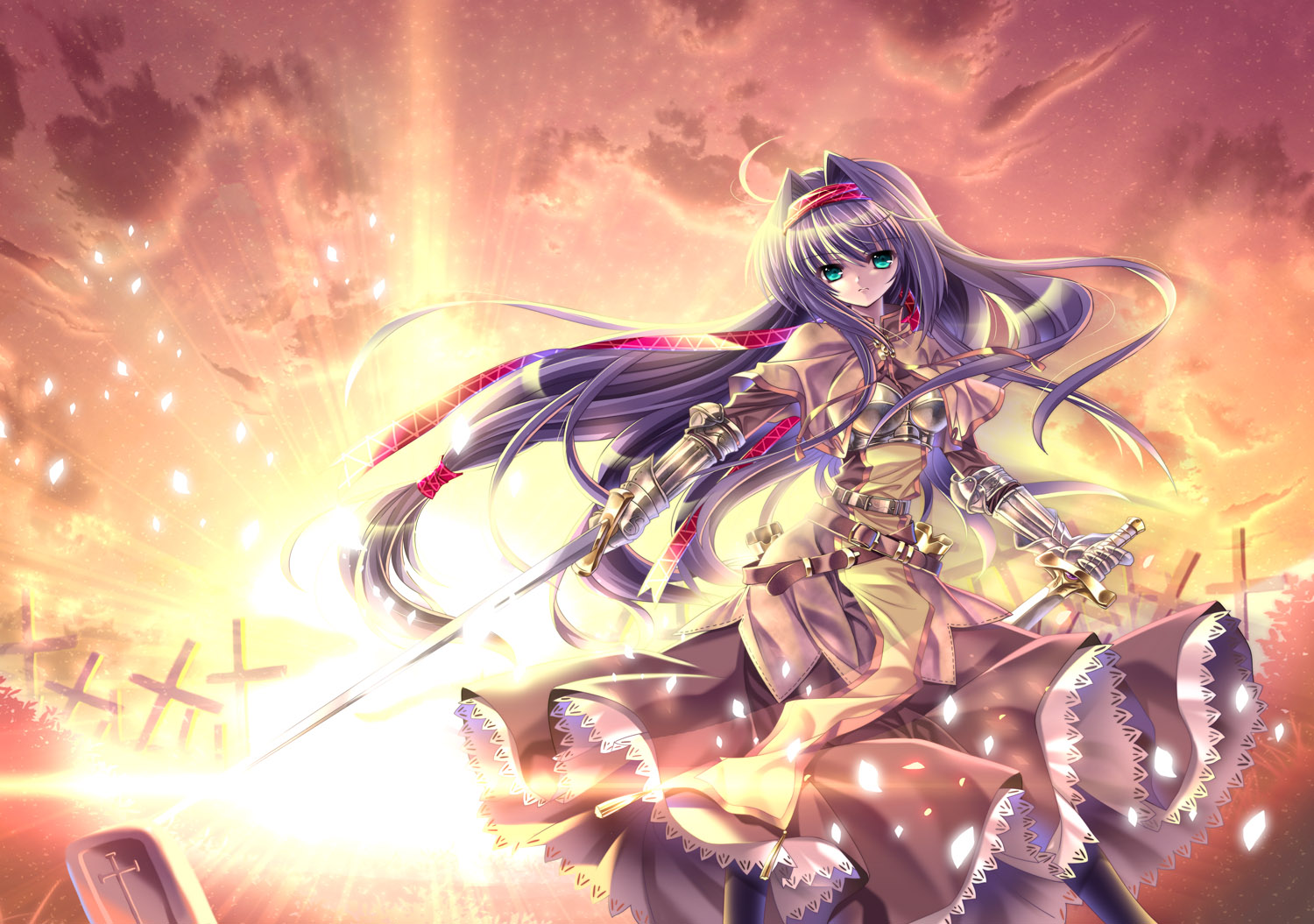 capura lin, swordsman (ragnarok online), ragnarok online, 1girl, armor, armored dress, dress, green eyes, orange background, purple hair, sword, swordman, weapon, yellow background