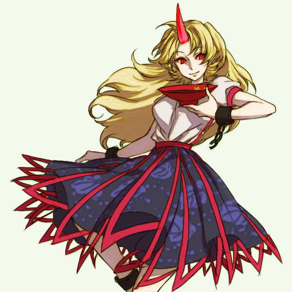 egawa satsuki, hoshiguma yuugi, touhou, 1girl, blonde hair, chain, cup, female focus, horns, long hair, oni, red eyes, sakazuki, single horn, solo