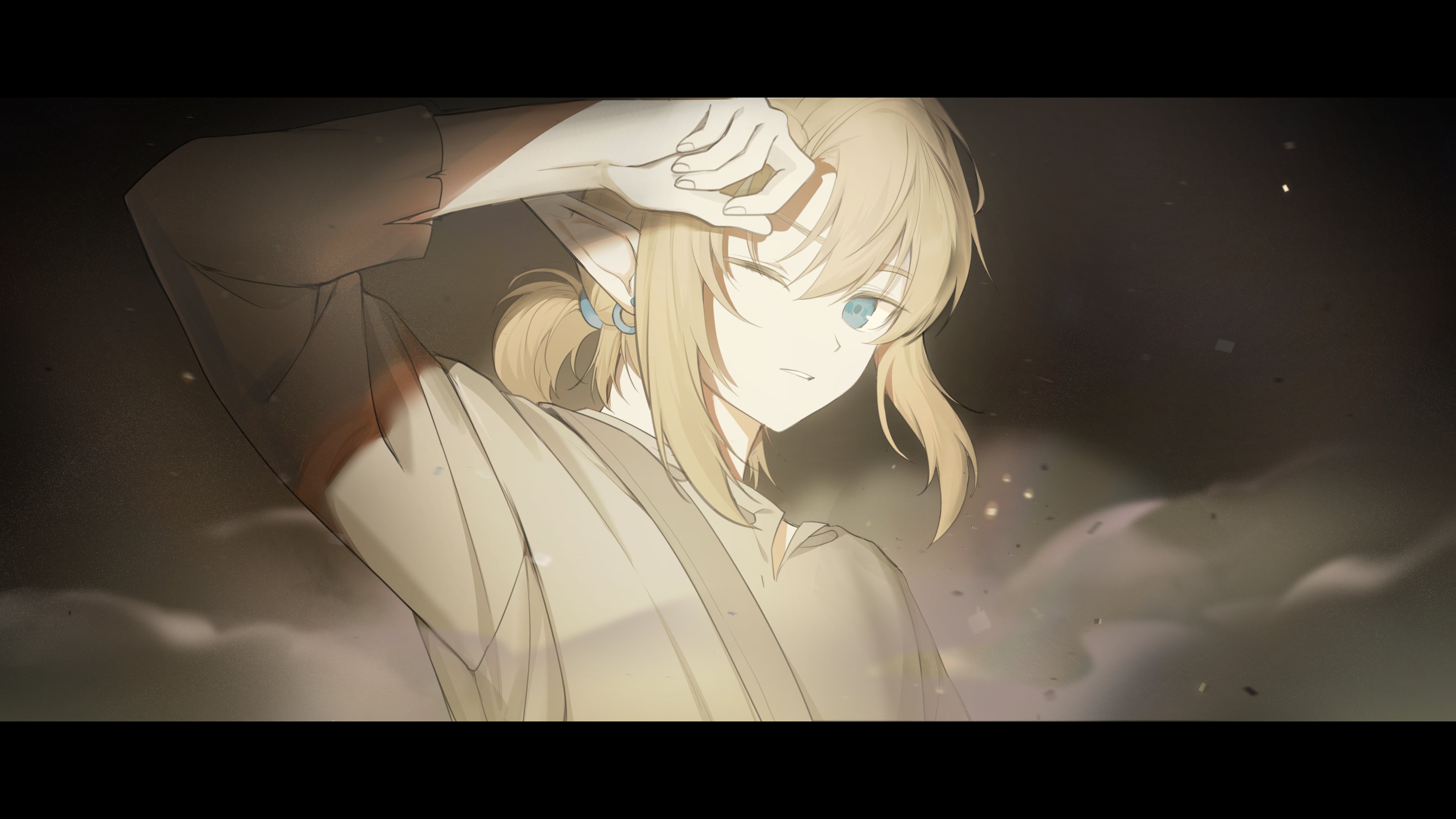 link, nintendo, the legend of zelda, the legend of zelda: breath of the wild, absurdres, highres, 1boy, black border, blonde hair, blue eyes, border, earrings, grey shirt, hair between eyes, hair tie, jaezelda, jewelry, letterboxed, low ponytail, male focus, medium hair, one eye closed, parted lips, pointy ears, ponytail, shading eyes, shirt, sidelocks, solo, torn clothes, torn shirt, upper body