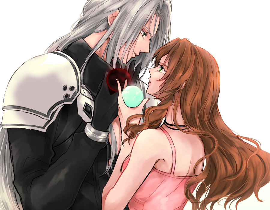 aerith gainsborough, sephiroth, final fantasy, final fantasy vii, final fantasy vii rebirth, final fantasy vii remake, 1boy, 1girl, armor, ball, bare arms, bare shoulders, black choker, black coat, black gloves, breasts, brown hair, choker, coat, dress, gloves, green eyes, grey hair, holding, holding ball, long hair, looking at another, materia, medium breasts, parted bangs, pauldrons, pink dress, shiokoo00, shoulder armor, sidelocks, sleeveless, sleeveless dress, upper body, wavy hair, white background