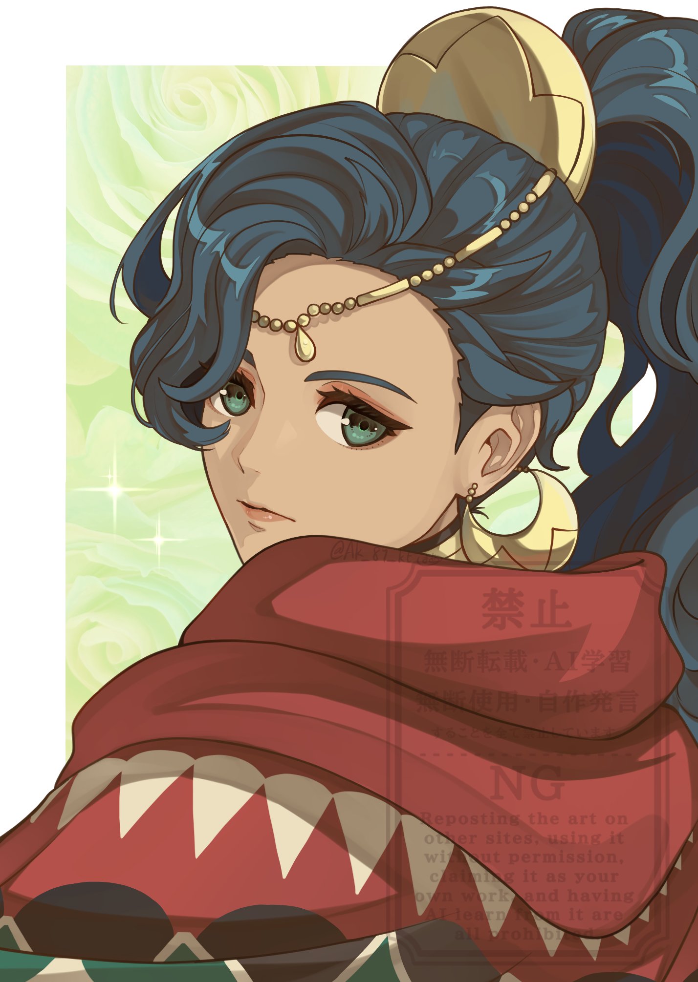 ak 87 kt, leda (fire emblem), fire emblem, fire emblem: fortune's weave, nintendo, highres, 1girl, blue eyes, blue hair, cloak, dark-skinned female, dark skin, earrings, gold earrings, high ponytail, hood, hooded cloak, hoop earrings, jewelry, looking at viewer, ponytail, red cloak, solo