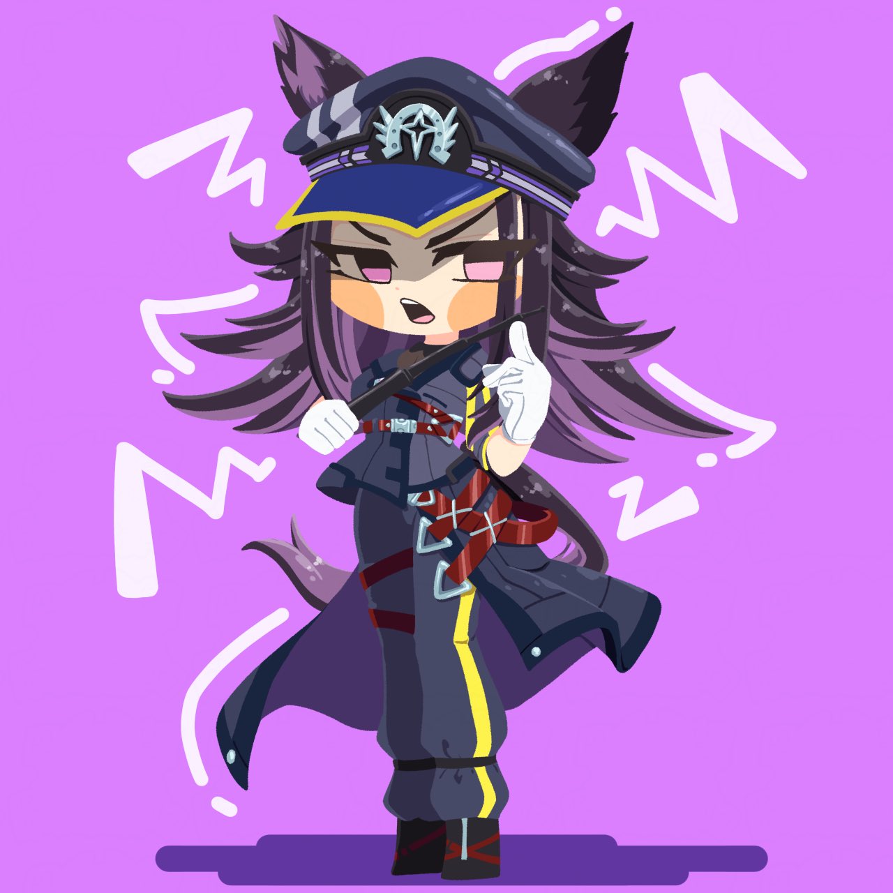 shinsei tomato, fenomeno (umamusume), umamusume, highres, 1girl, animal ears, black hair, ears through headwear, flipped hair, hat, horse ears, horse girl, horse tail, horseshoe hat ornament, horseshoe ornament, horseshoe print, long hair, long sleeves, peaked cap, purple eyes, purple hair, striped hat, tail