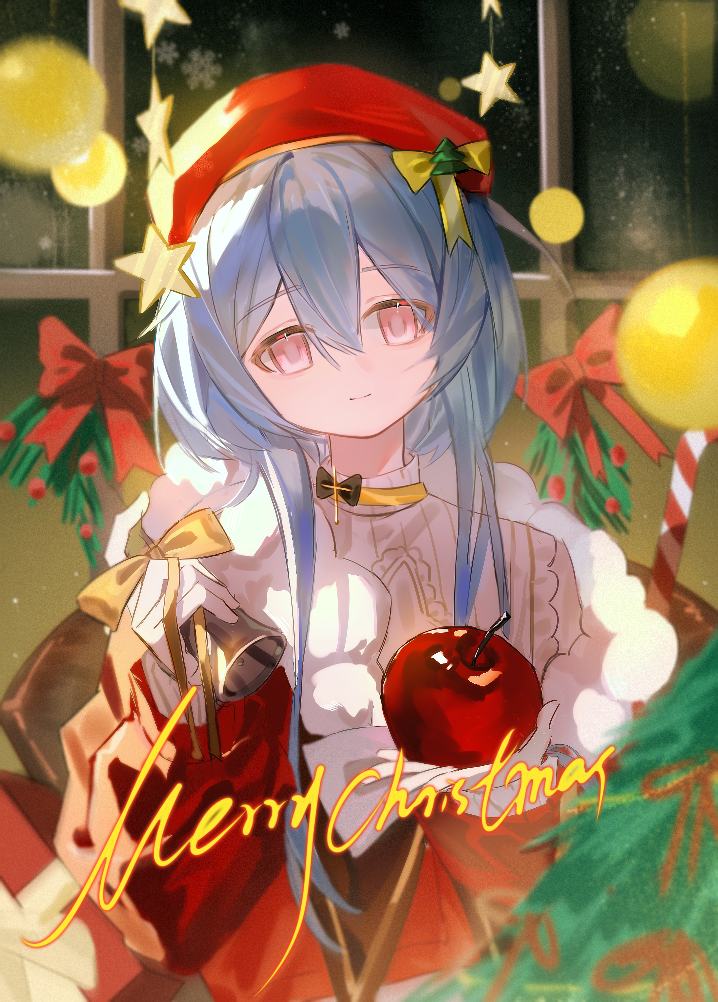 mizuki (arknights), arknights, absurdres, highres, 0207813730, 1boy, apple, bell, blue hair, choker, christmas lights, christmas ornaments, christmas tree, food, fruit, hair between eyes, hat, hat ribbon, head tilt, holding, holding food, holding fruit, light smile, looking at viewer, male focus, merry christmas, pink eyes, ribbon, solo