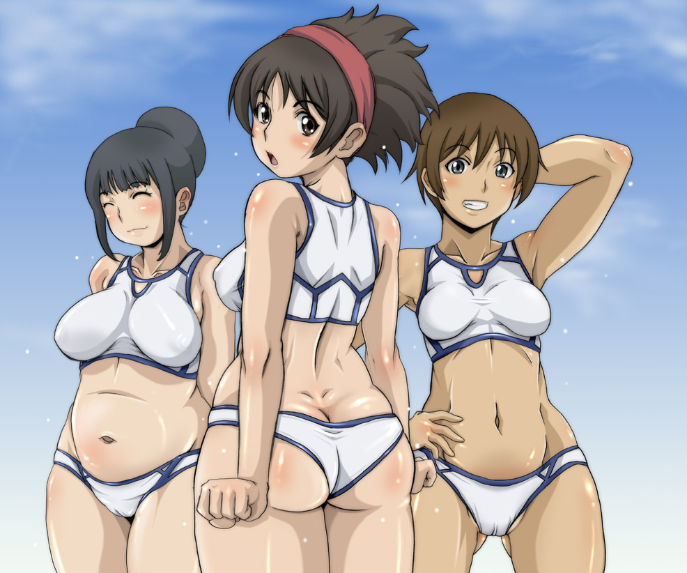 hirokawa kouichirou, aoi minamo, itou yukino, mikomoto sayaka, real drive, 3girls, armpits, ass, bikini, black hair, blush, breasts, brown eyes, brown hair, butt crack, cameltoe, curvy, dark-skinned female, dark skin, day, grey eyes, grin, hairband, happy, hip focus, large breasts, looking at viewer, looking back, medium breasts, multiple girls, plump, short hair, skindentation, smile, sports bra, standing, sweat, swimsuit, thighs, tomboy, wide hips