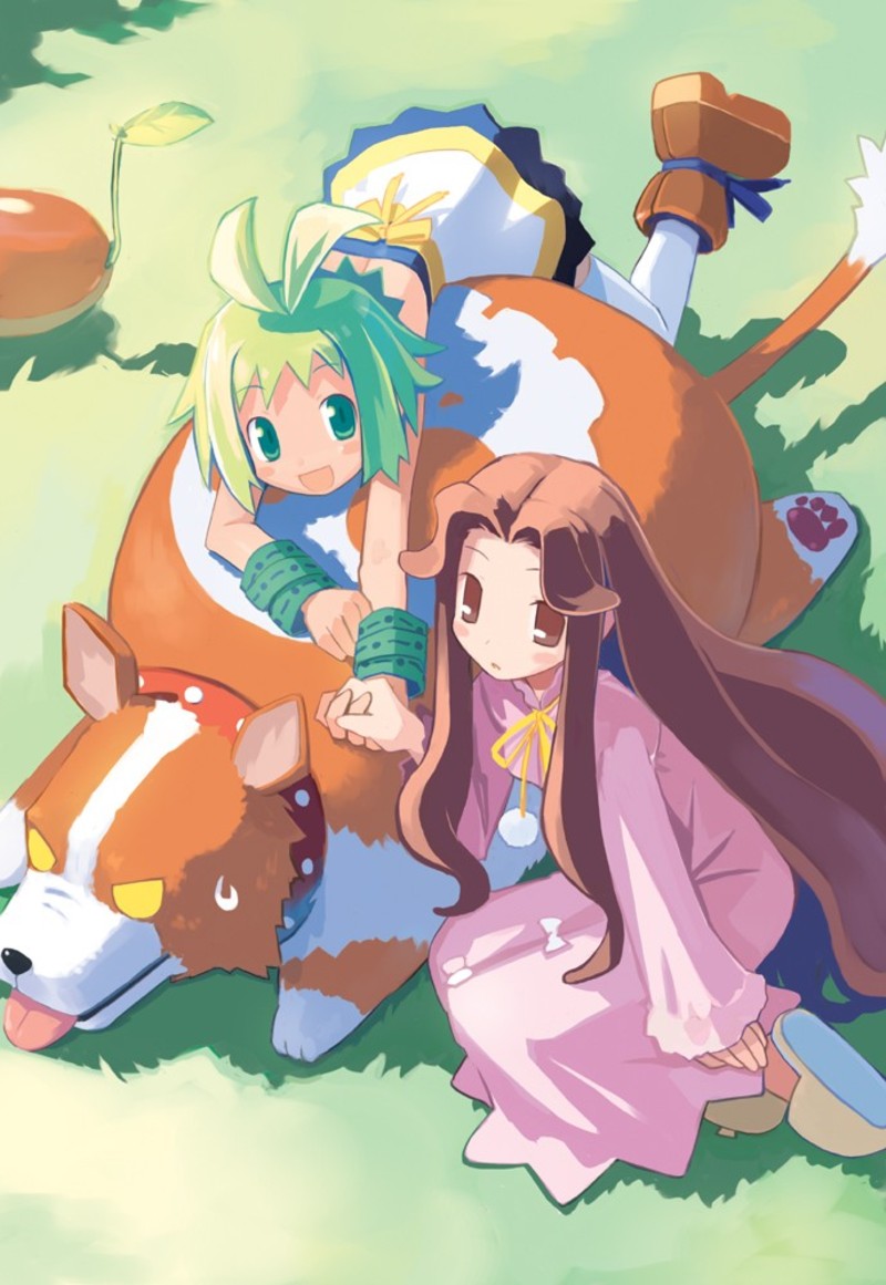 harada takehito, castille, castille (phantom brave), hell corgi (phantom brave), marona (phantom brave), phantom brave, scan, 2girls, :d, antenna hair, blush, boots, bracelet, hell corgi, holding hands, jewelry, lingerie, long hair, multiple girls, nightgown, open mouth, seed, slippers, smile, thighhighs, underwear, white thighhighs
