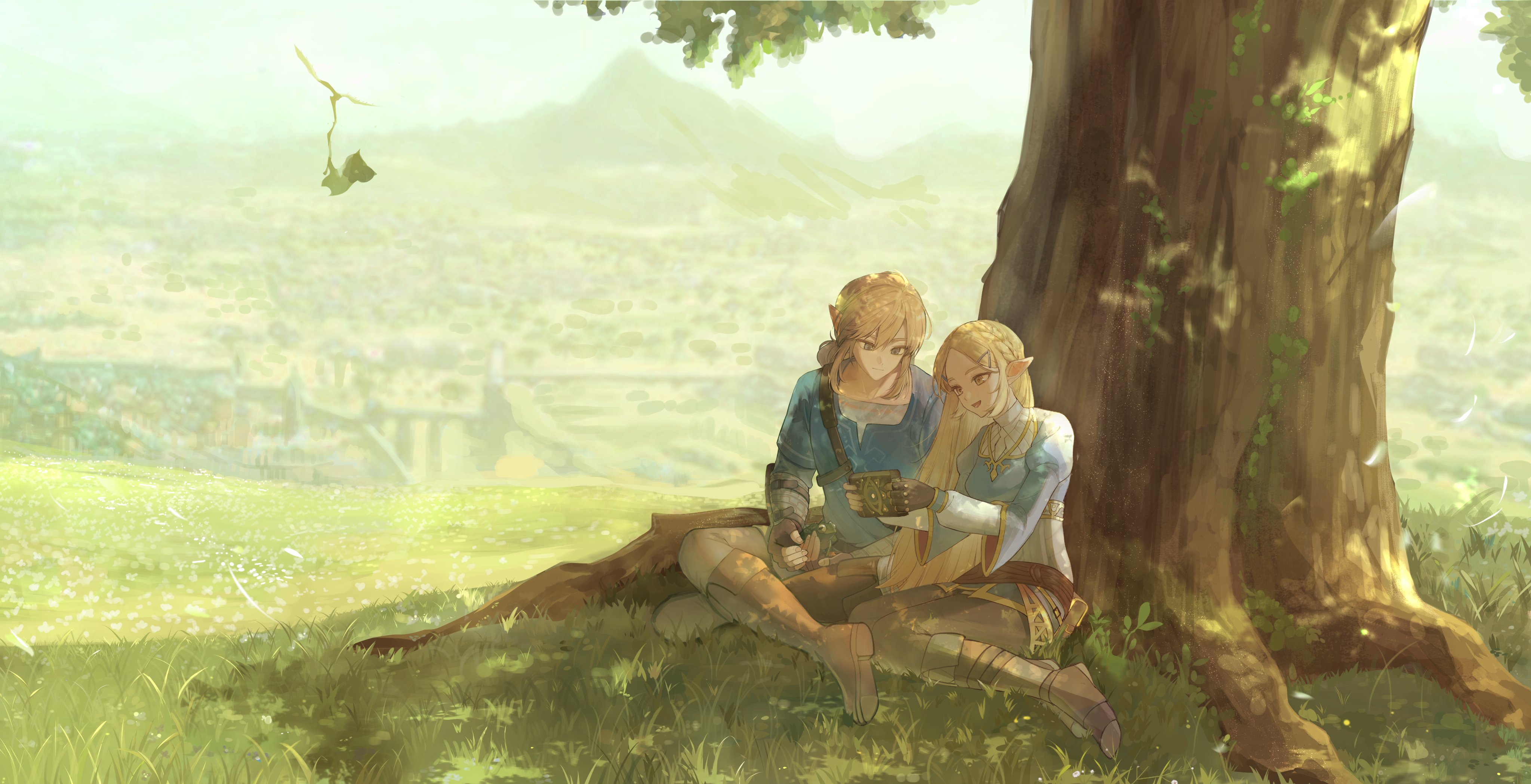 link, princess zelda, nintendo, the legend of zelda, the legend of zelda: breath of the wild, absurdres, highres, 1boy, 1girl, aqua tunic, black pantyhose, blonde hair, boots, braid, breasts, brown boots, crown braid, fingerless gloves, gloves, gold trim, grey pants, hair ornament, hairclip, jaezelda, juliet sleeves, long hair, long sleeves, medium breasts, medium hair, nature, open mouth, outdoors, pants, pantyhose, parted bangs, pointy ears, puffy sleeves, sidelocks, sitting, smile, tree, tunic, under tree