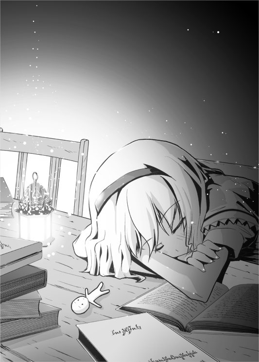 oborozuki, rougetsu (eclipse), alice margatroid, touhou, bad id, bad pixiv id, 1girl, blonde hair, desk, female focus, greyscale, monochrome, sleeping, solo