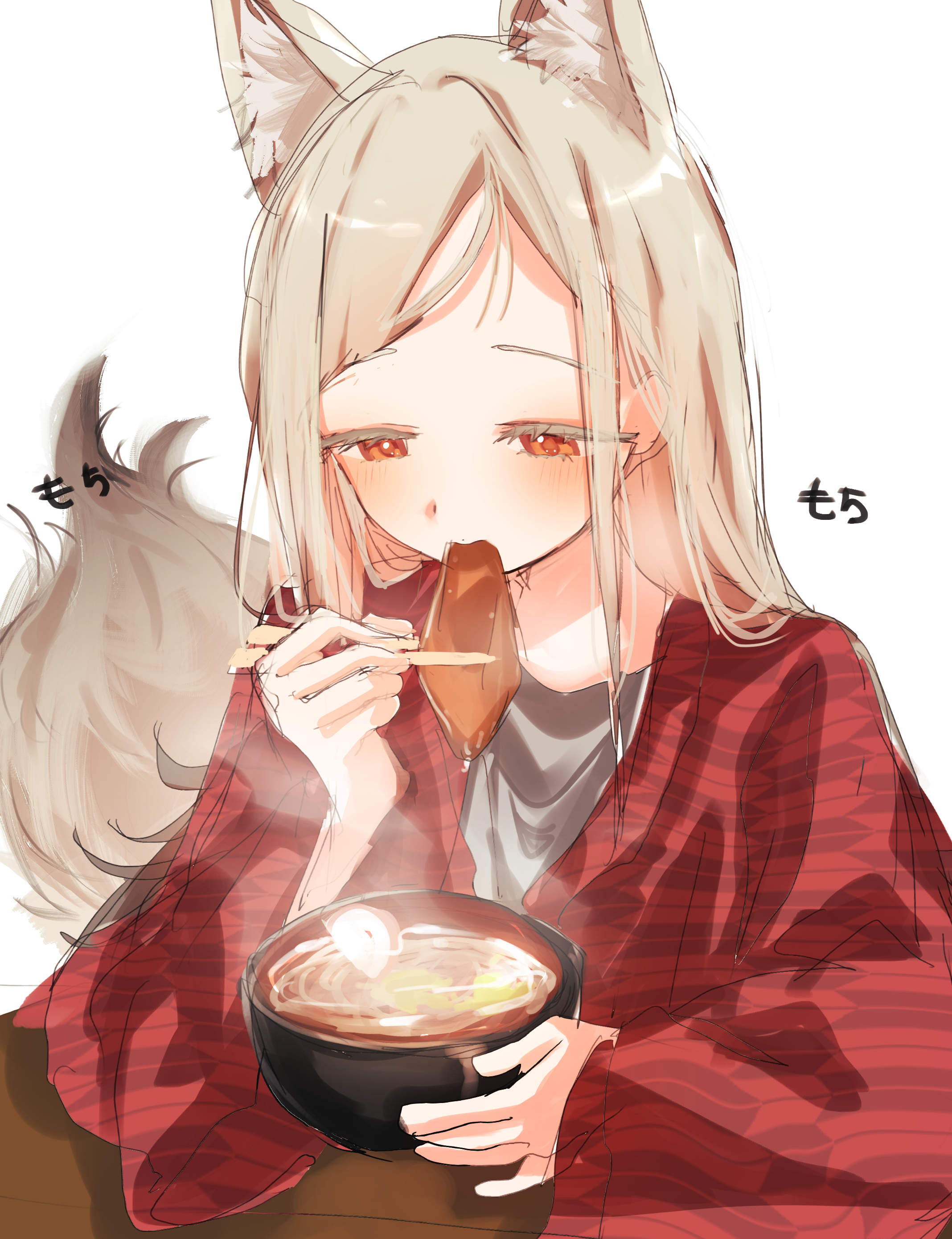 jio (baku zugogo), shinosawa hiro, gakuen idolmaster, idolmaster, absurdres, commentary request, highres, translation request, 1girl, animal ear fluff, animal ears, arm rest, blonde hair, blush, bowl, chopsticks, colored eyelashes, eating, flipped hair, food, fox ears, fox girl, fox tail, grey shirt, half-closed eyes, hand up, hanten (clothes), holding, holding chopsticks, jacket, long hair, long sleeves, looking down, noodles, orange eyes, ramen, red jacket, shirt, simple background, sitting, softboiled egg, solo, table, tail, white background, wide sleeves, yagasuri
