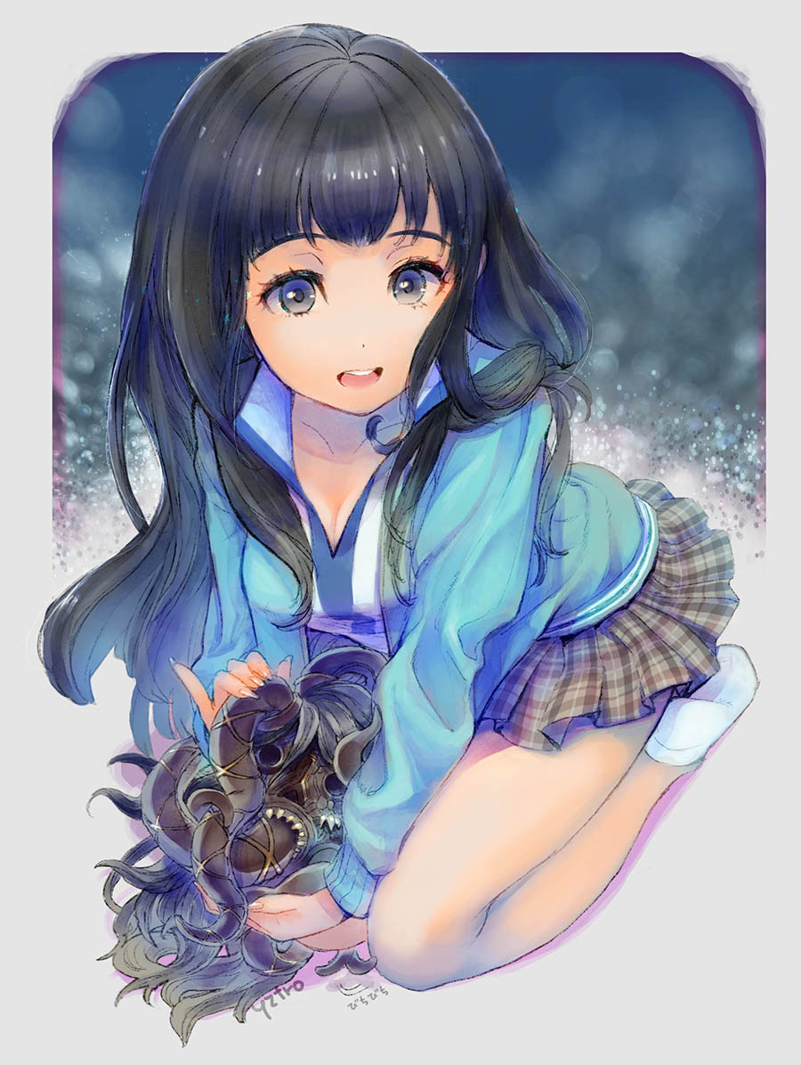 toro astro, isonokami tao, lahmu (megami tensei), shin megami tensei, shin megami tensei v, 1girl, 1other, black hair, blue border, blue jacket, border, breasts, cleavage, creature, demon (megami tensei), grey background, holding, holding creature, jacket, kneeling, looking at viewer, open mouth, pleated skirt, school uniform, skirt, socks, tentacles, white socks