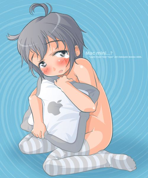 kawanishi yuuji, apple inc., silver hair, copyright request, 1girl, ahoge, apple, blush, dark-skinned female, dark skin, female focus, food, fruit, hugging object, loli, macintosh, macmini, no panties, pillow, pillow hug, short hair, solo, striped clothes, striped thighhighs, tears, thighhighs, topless female