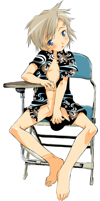 kawanishi yuuji, copyright request, 1girl, barefoot, blue eyes, blush, bottomless, brown hair, chair, desk, feet, female focus, flat chest, full body, loli, looking at viewer, no panties, open clothes, open shirt, school desk, shirt, short hair, simple background, sitting, solo, white background