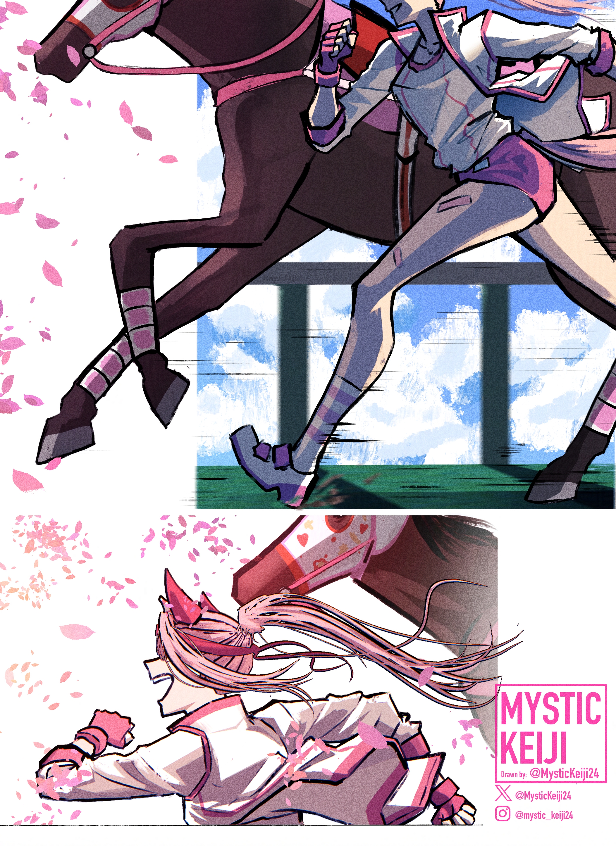 mystickeiji24, haru urara (bestest prize) (umamusume), haru urara (racehorse), haru urara (umamusume), real life, umamusume, absurdres, highres, 1girl, animal ears, bandaid, bandaid on leg, bow, brown horse, buruma, creature and personification, ear bow, ear covers, fingerless gloves, from side, gloves, hairband, headband, heart, horse, horse ears, horse girl, horse racing track, horse tail, jacket, long hair, mask, open mouth, outdoors, personification, petals, pink buruma, pink hair, pink headband, ponytail, red buruma, red gloves, red headband, reins, saddle, shirt, shoes, smile, socks, striped clothes, striped socks, tail, teeth, white jacket, white shirt