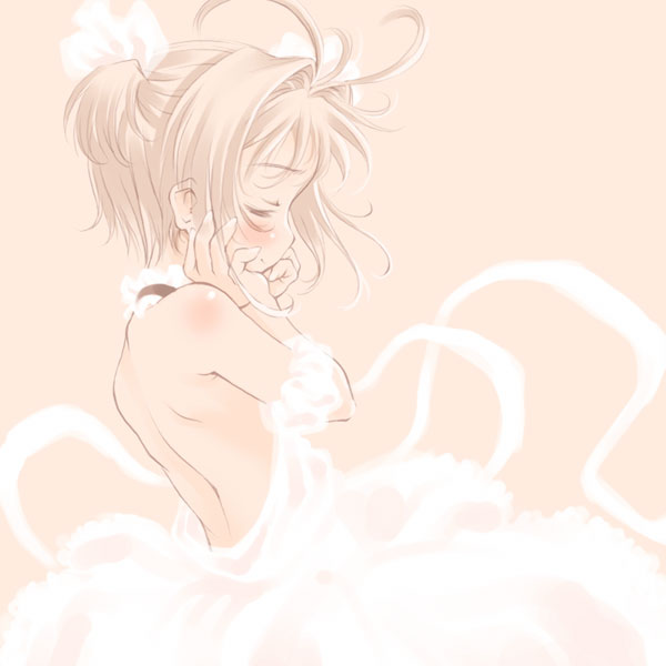 kawanishi yuuji, kinomoto sakura, cardcaptor sakura, 1990s (style), 1girl, back, backless dress, backless outfit, blonde hair, blush, child, closed eyes, dress, female focus, retro artstyle, short hair, simple background, solo