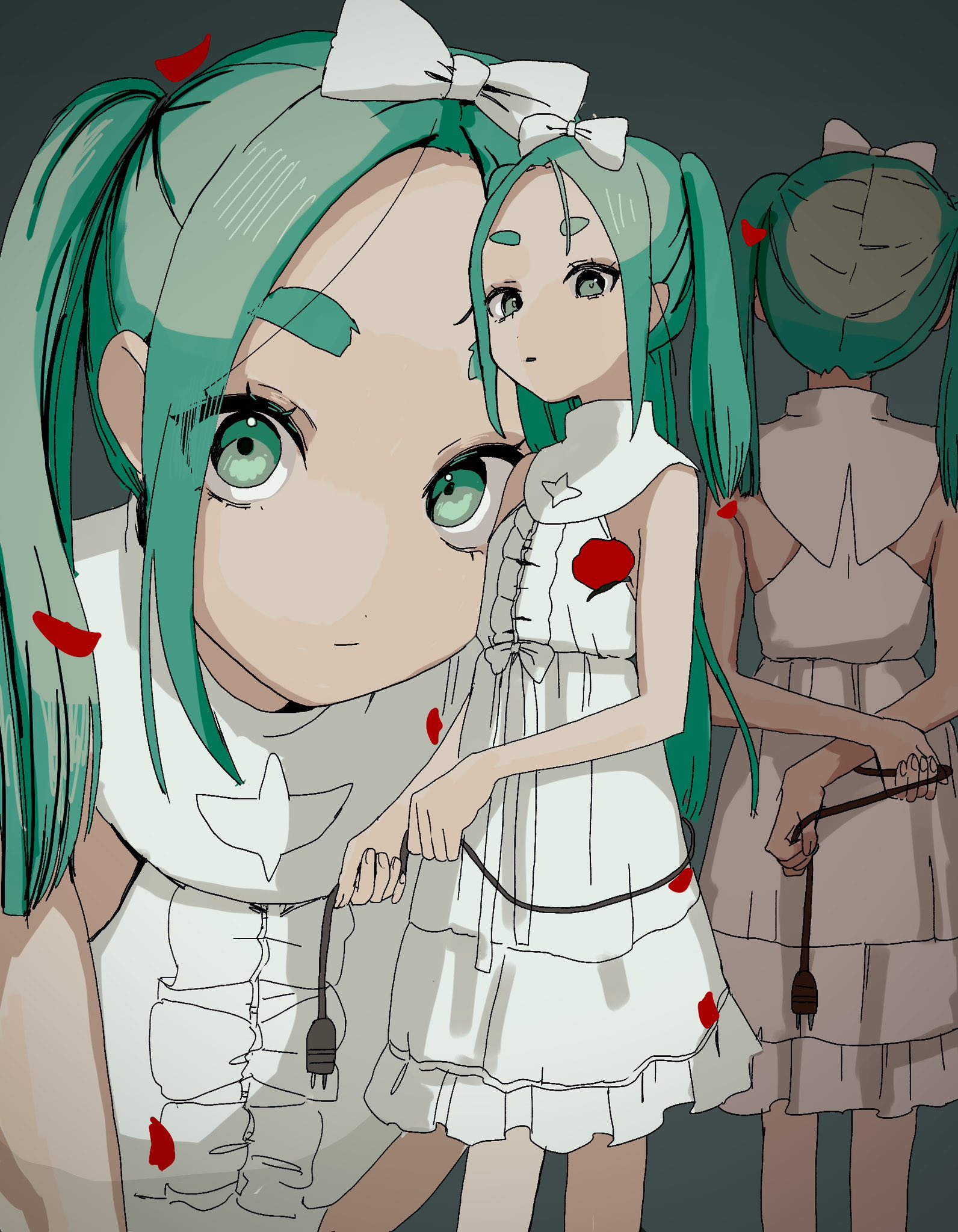 inui (tjb e0), original, highres, 1girl, bare shoulders, bow, closed mouth, dress, forehead, holding, long hair, looking at viewer, parted bangs, parted lips, petals, simple background, standing, thick eyebrows, twintails, white bow, white dress