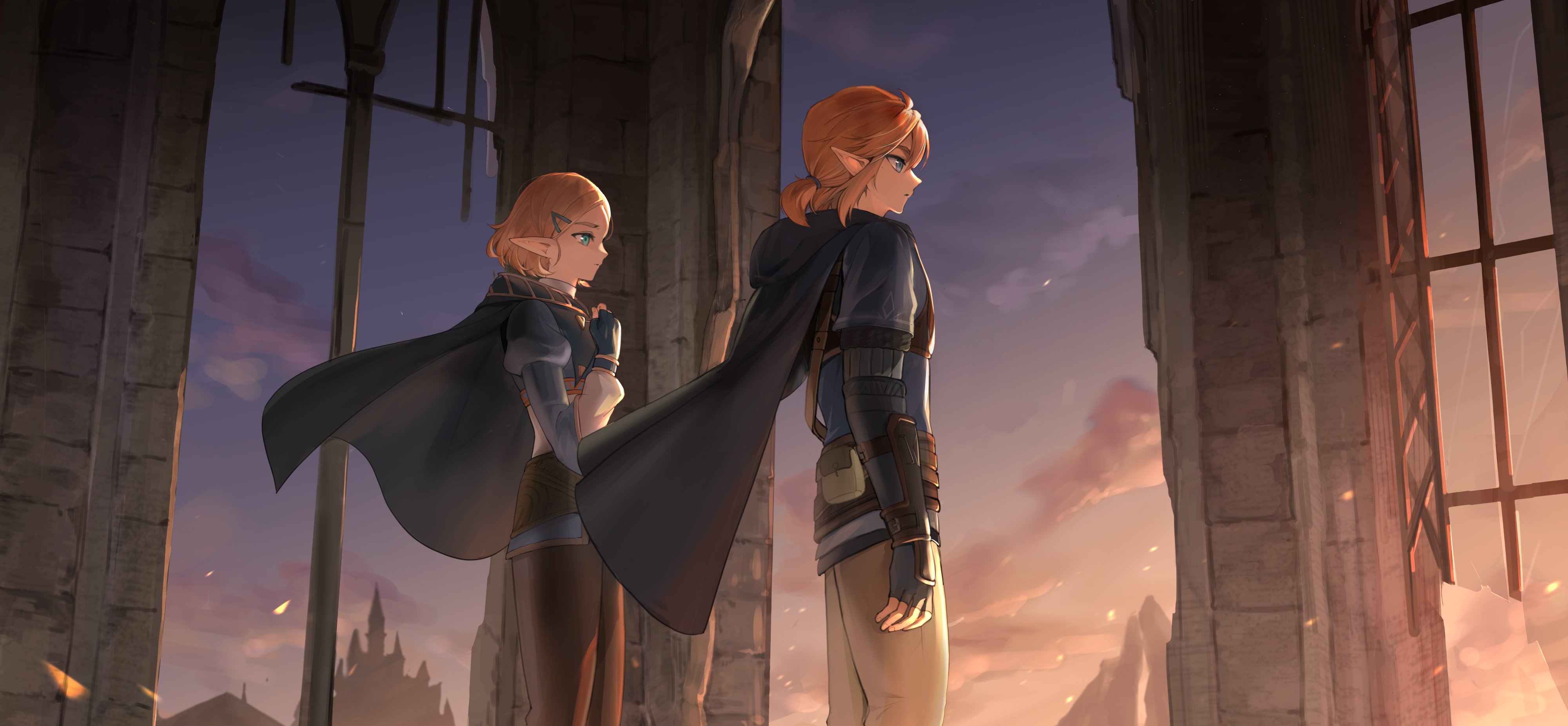 link, princess zelda, nintendo, the legend of zelda, the legend of zelda: tears of the kingdom, absurdres, highres, 1boy, 1girl, aqua eyes, black cloak, black pantyhose, blonde hair, blue eyes, blue shirt, blue tunic, braid, castle, cloak, cowboy shot, crown braid, fingerless gloves, gloves, gold trim, grey pants, hair between eyes, hair ornament, hair tie, hairclip, hand on own chest, jaezelda, juliet sleeves, long sleeves, low ponytail, medium hair, pants, pantyhose, pointy ears, ponytail, puffy sleeves, shirt, short hair, sidelocks, standing, tunic