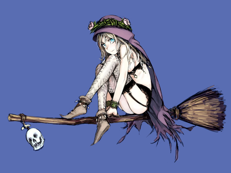 haimura kiyotaka, pointy footwear, blue background, broom, broom riding, brown shoes, fishnet thighhighs, fishnets, full body, garter belt, hair between eyes, messy hair, own hands together, shoes, simple background, sitting, skull, thighhighs, torn clothes, underwear, underwear only, witch