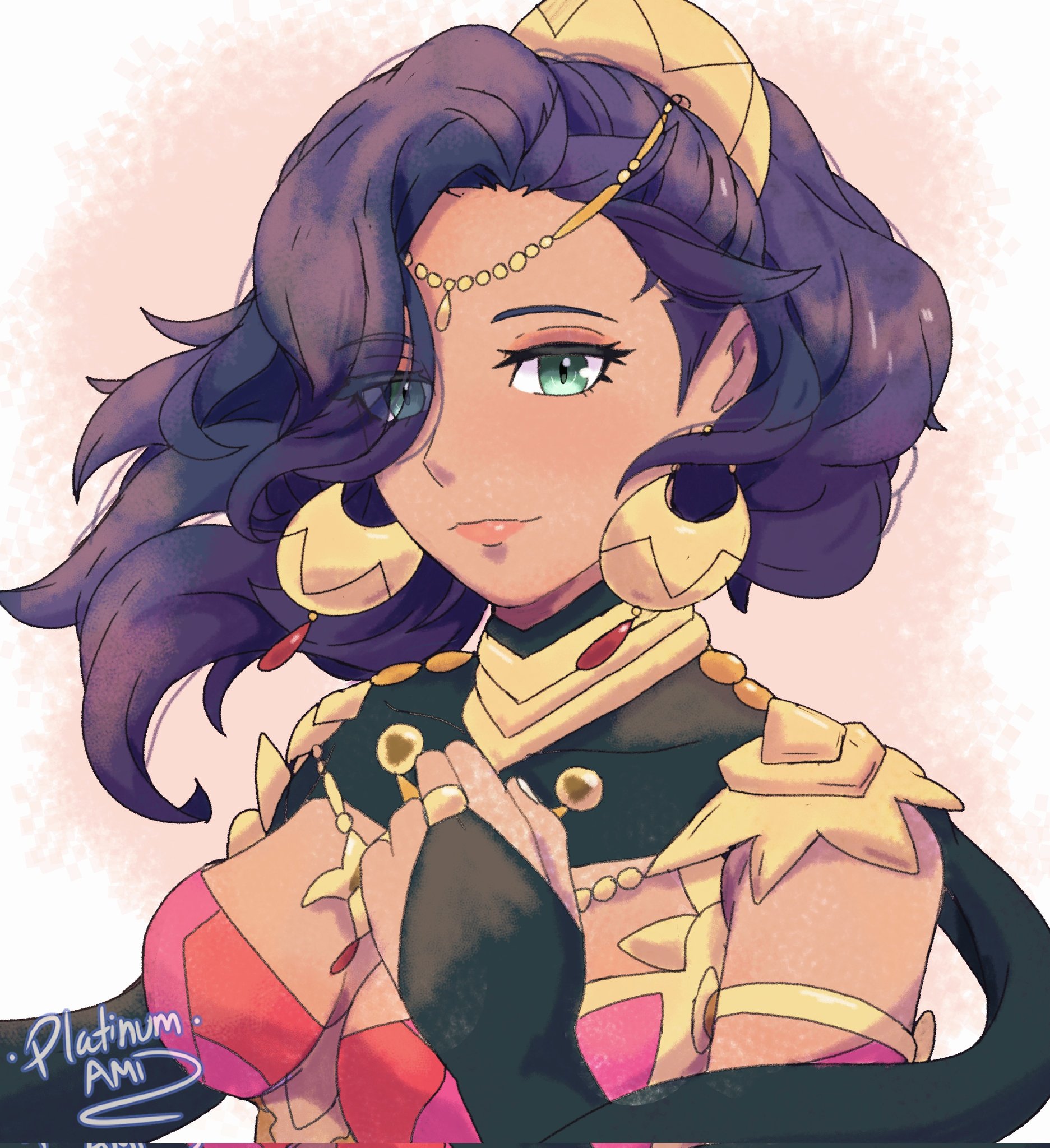 platinum ami, leda (fire emblem), fire emblem, fire emblem: fortune's weave, nintendo, highres, 1girl, blue hair, breasts, circlet, dancer, dark-skinned female, dark skin, earrings, gold choker, gold earrings, hand on own chest, high ponytail, hoop earrings, jewelry, medium breasts, ponytail, solo