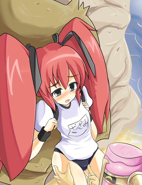 momio, capcom, monster hunter (series), bad id, bad pixiv id, 1girl, backpack, bag, blush, buruma, fingering, gym uniform, personification, randoseru, red hair, ribbon, tears, through clothes, twintails