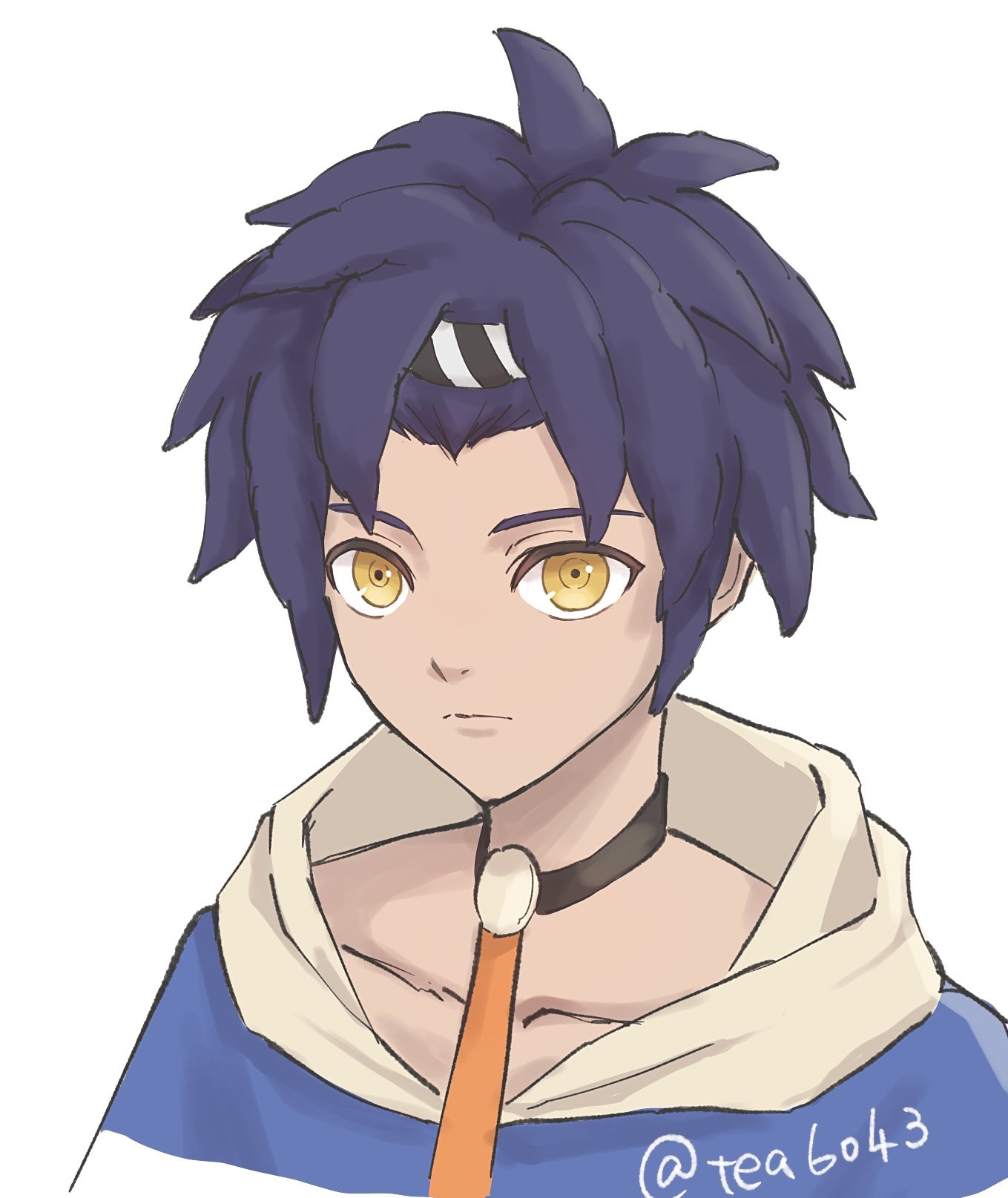 tea6043, fire emblem, fire emblem: fortune's weave, nintendo, highres, 1boy, blue hair, blue hoodie, cai (fire emblem), dark-skinned male, dark skin, hood, hood down, hoodie, looking at viewer, male focus, solo, two-tone hoodie, white hoodie, yellow eyes
