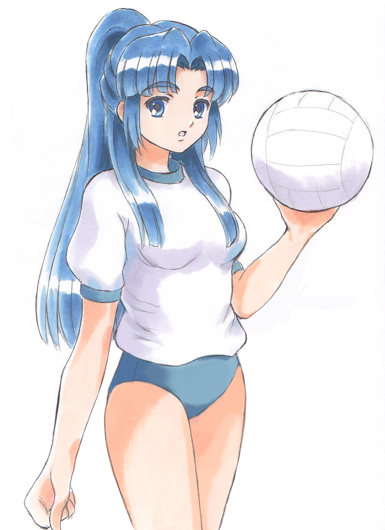 fujita (speedlimit), asakura ryoko, suzumiya haruhi no yuuutsu, highres, 00s, 1girl, ball, blue eyes, blue hair, blush, buruma, female focus, gym uniform, long hair, matching hair/eyes, ponytail, solo, volleyball, volleyball (object)